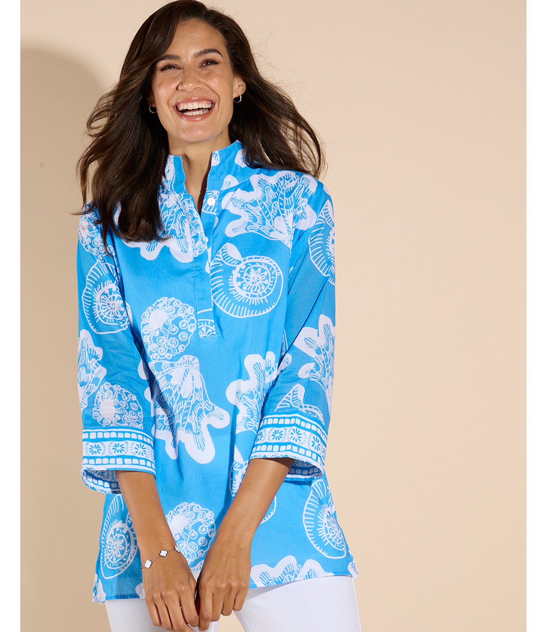 Jude Connally Cricket Shoreline Harbor Print Stand Collar 3/4 Sleeve Top