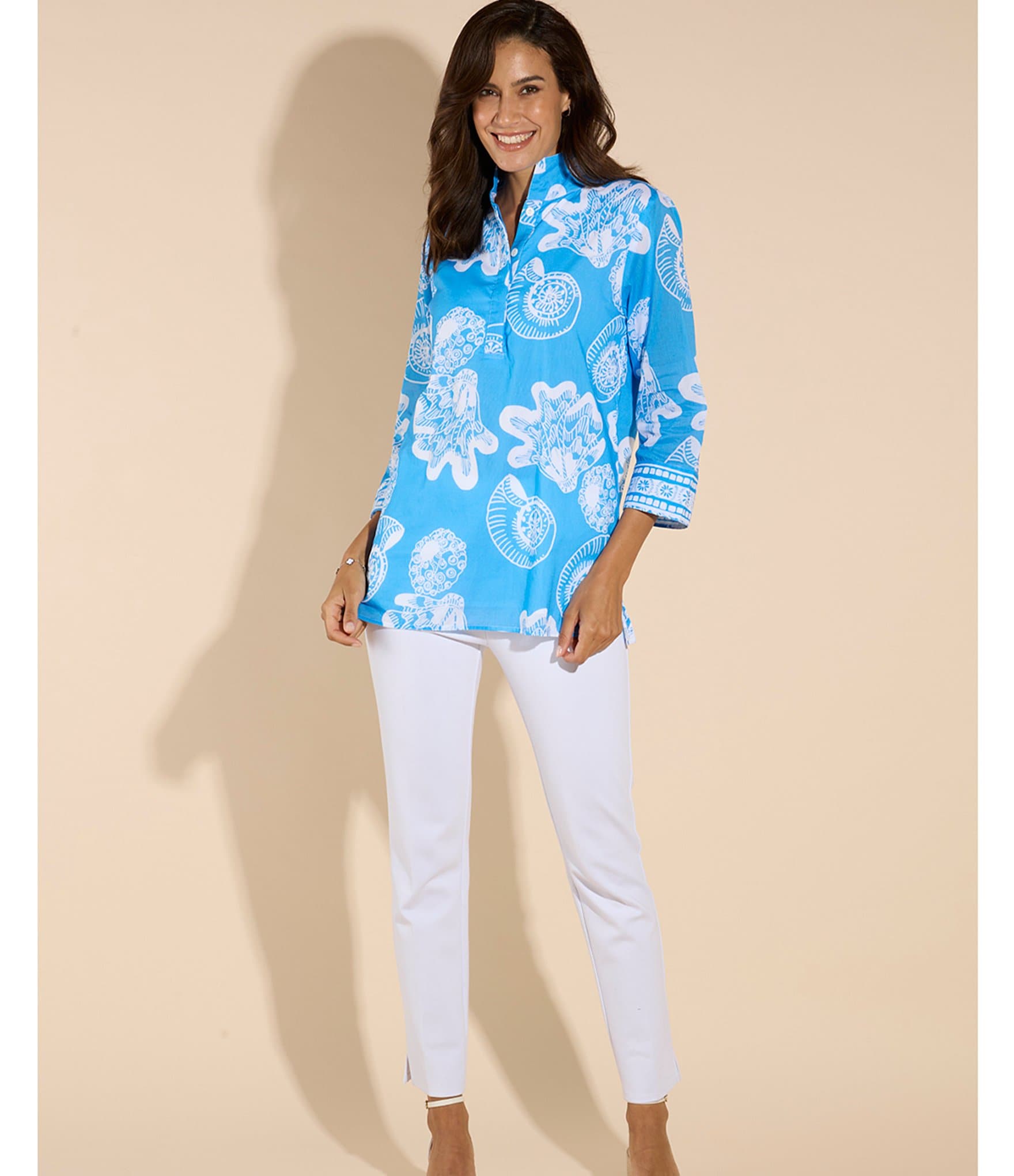 Jude Connally Cricket Shoreline Harbor Print Stand Collar 3/4 Sleeve Top