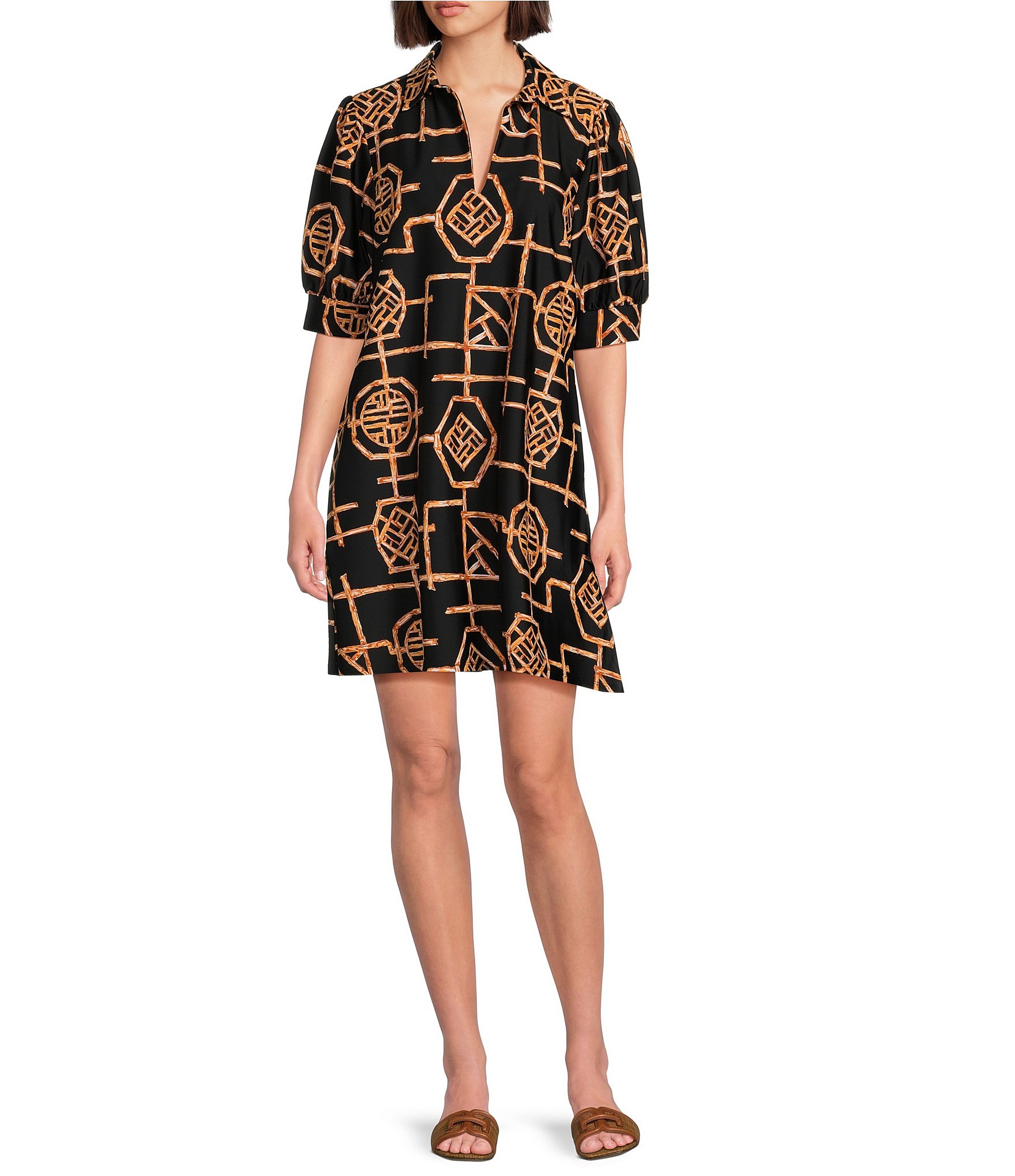 Jude Connally Emerson Bamboo Lattice Print Jude Cloth Knit Point Collar Puffed Sleeve Shift Dress