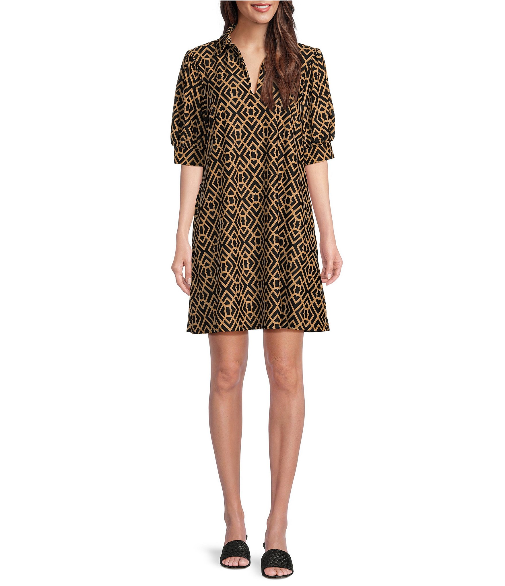 Jude Connally Emerson Jude Cloth Knit Garden Lattice Print Point Collar Puffed Sleeve Shift Dress