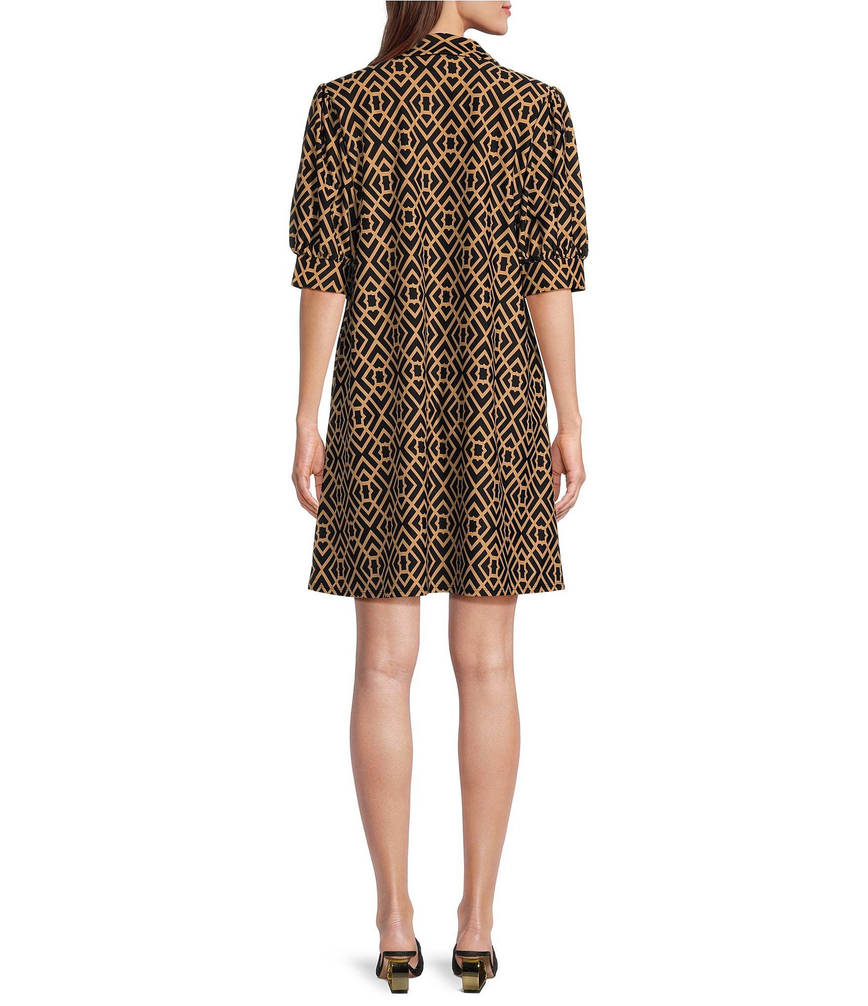 Jude Connally Emerson Jude Cloth Knit Garden Lattice Print Point Collar Puffed Sleeve Shift Dress