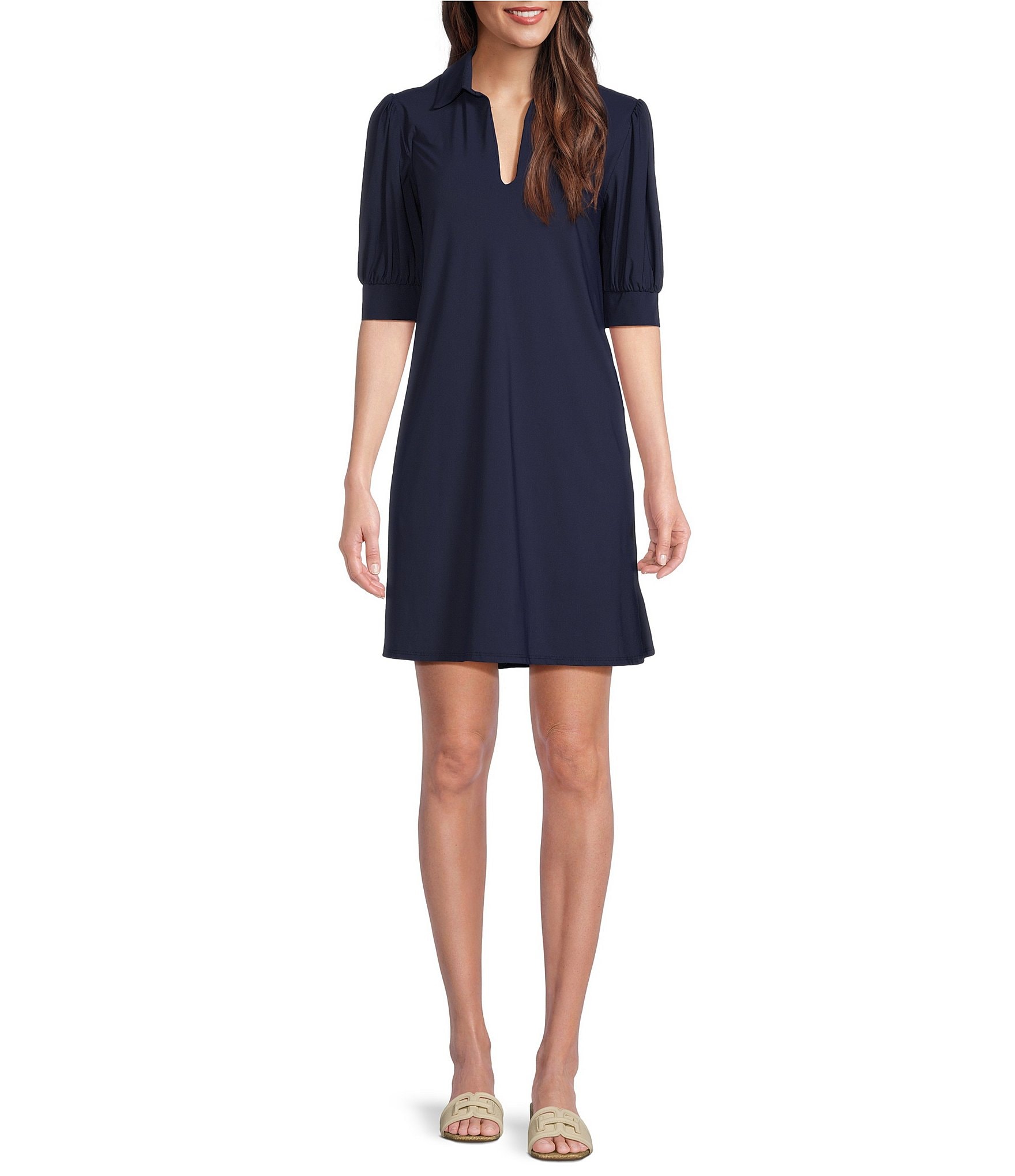 Jude Connally Emerson Jude Cloth Knit Point Collar Puffed Sleeve Shift Dress