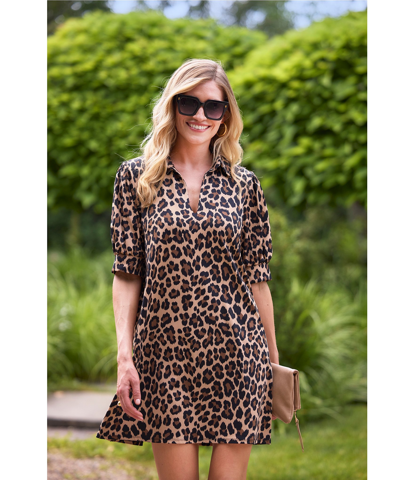 Jude Connally Emerson Large Leopard Print Jude Cloth Knit Point Collar Puffed Sleeve Shift Dress