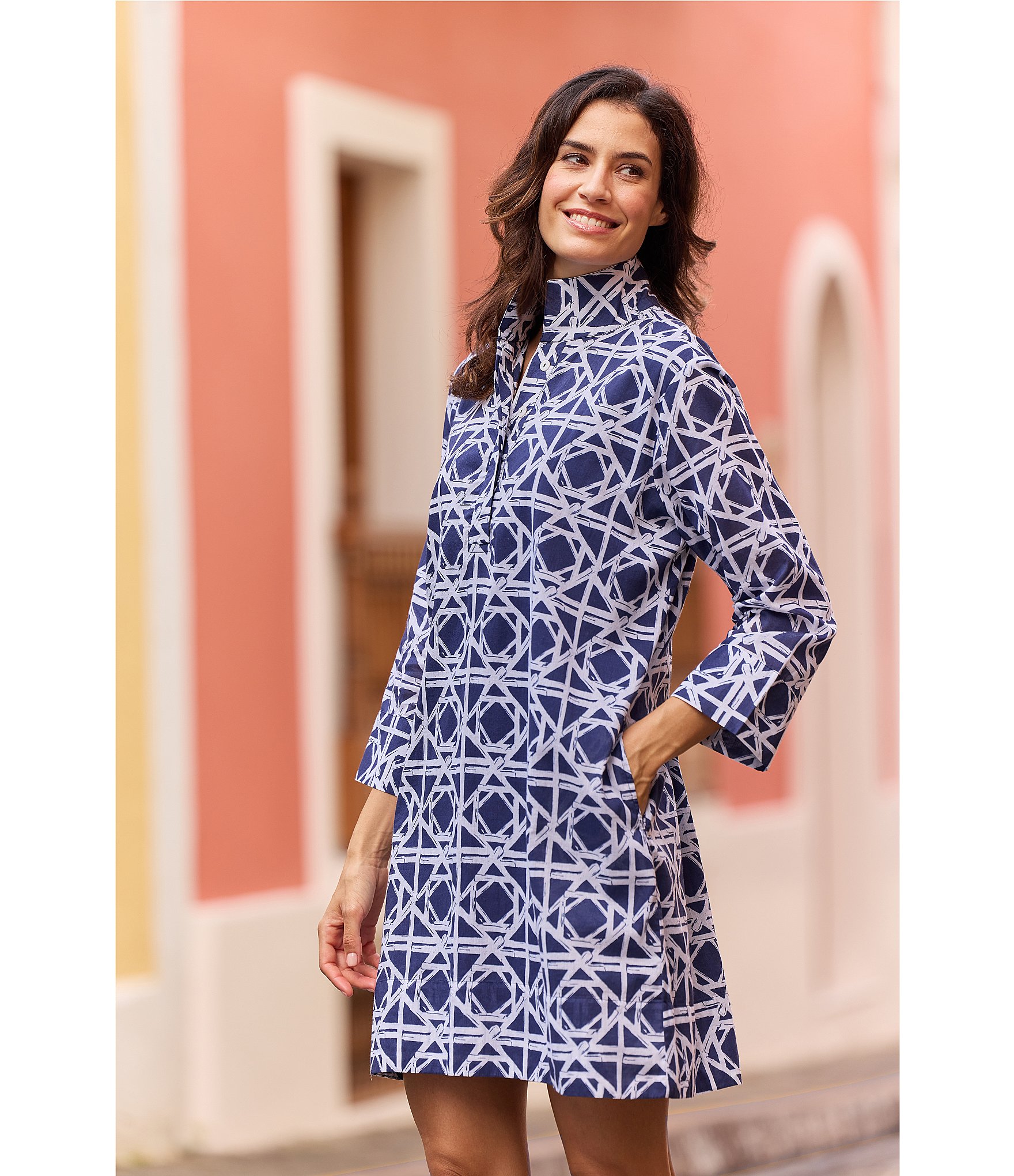 Jude Connally Helen Bamboo Rattan Print Stand Collar Long Sleeve Dress