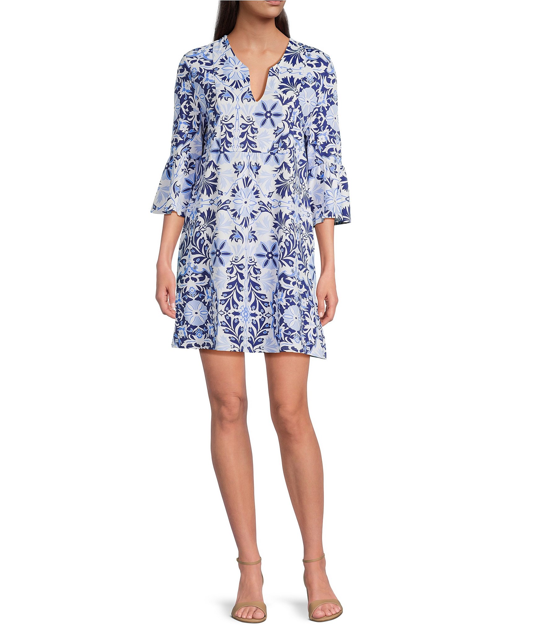 3/4 Sleeve Bell Sleeve Print V neck Split Floral Dresses 3/4 Sleeve Bell Sleeve Print V neck Split Floral Dresses
