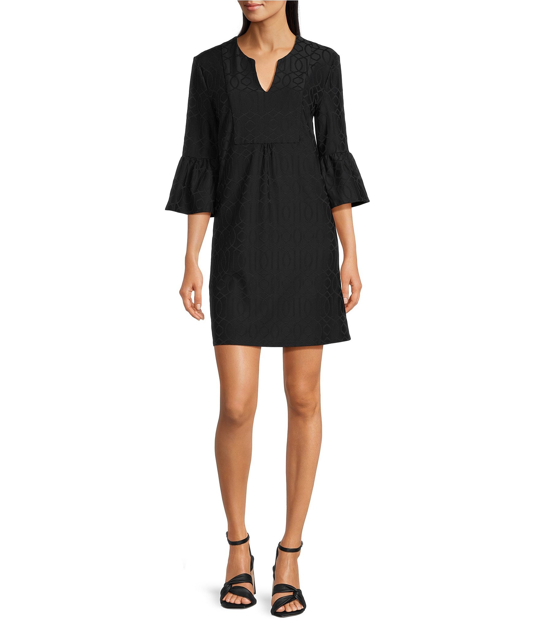 Jude Connally Kerry Jacquard Grand Links Split V-Neck 3/4 Sleeve Shift Dress