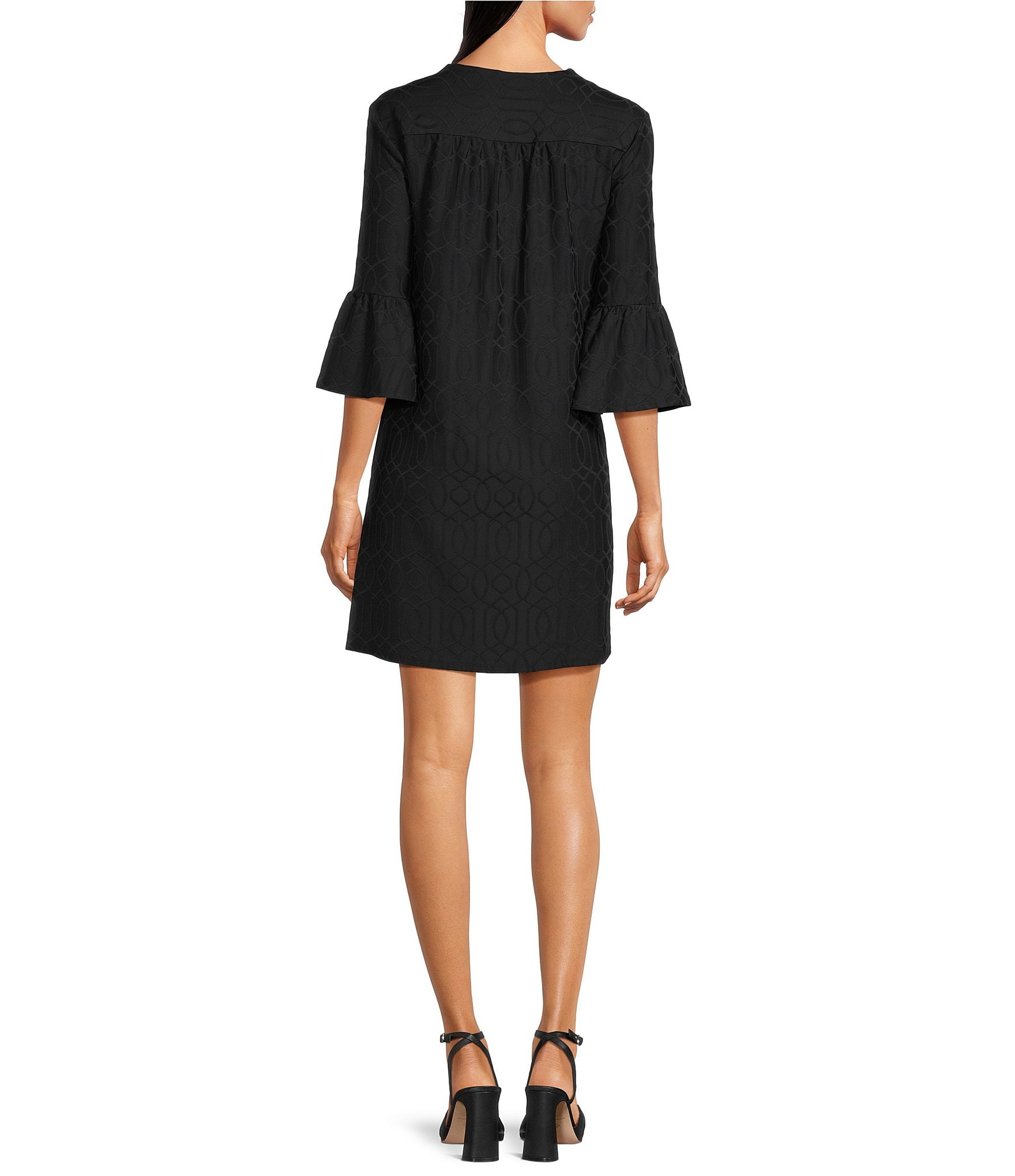Jude Connally Kerry Jacquard Grand Links Split V-Neck 3/4 Sleeve Shift Dress