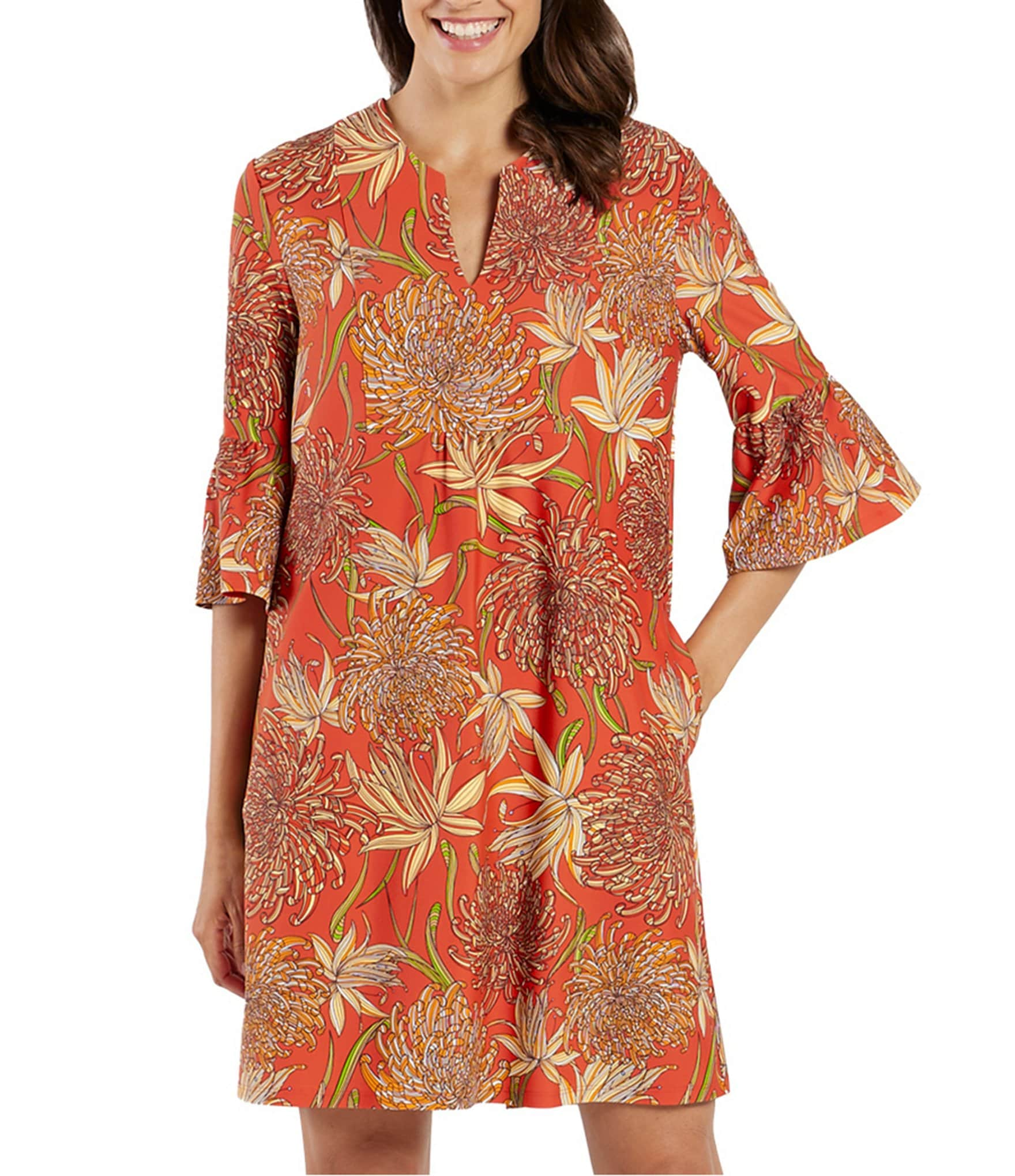 Jude Connally Kerry Jude Cloth Stretch Knit Wrinkle-Free Classic Mums Print Split V-Neck 3/4 Bell Sleeve Shift Dress