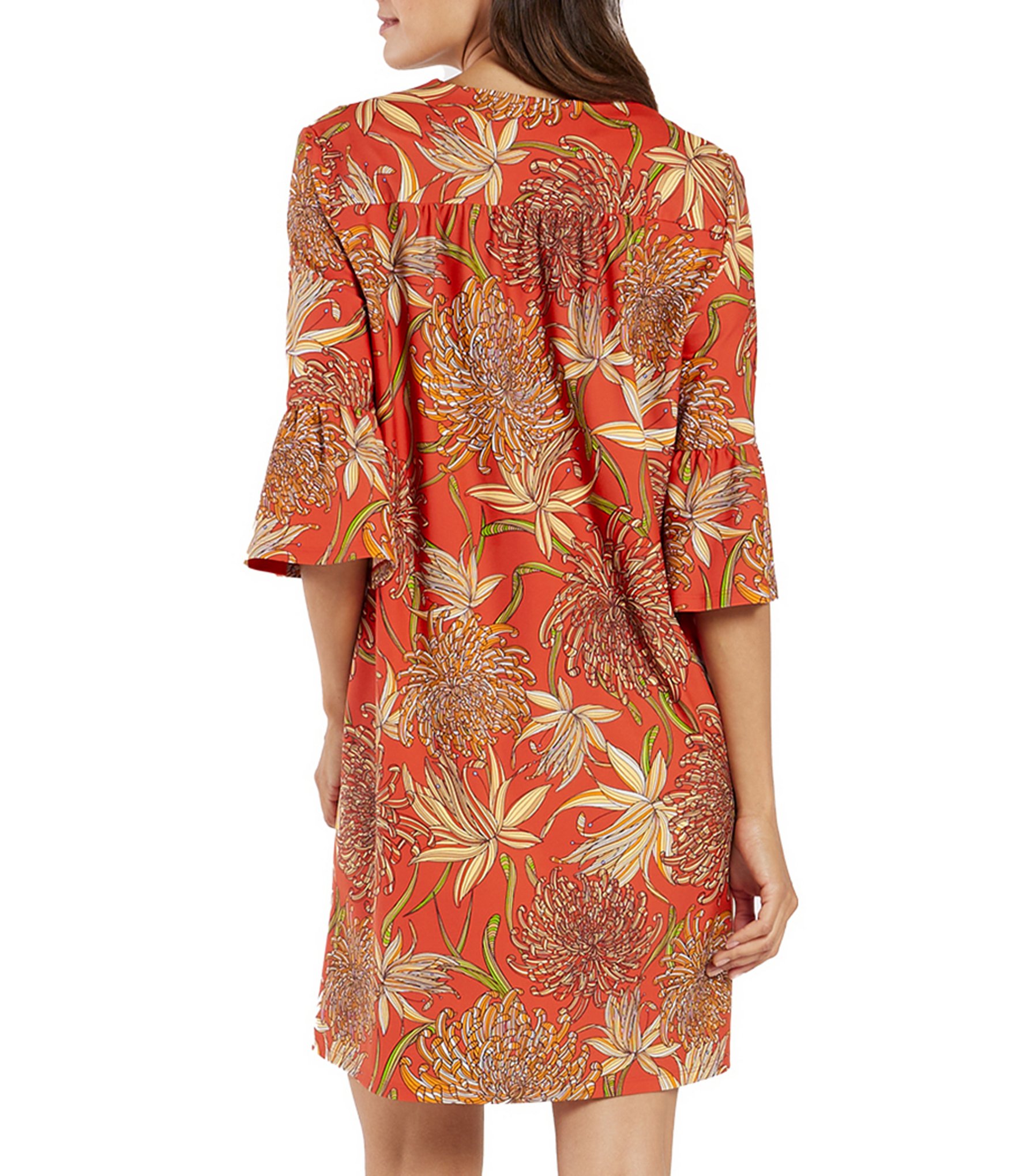 Jude Connally Kerry Jude Cloth Stretch Knit Wrinkle-Free Classic Mums Print Split V-Neck 3/4 Bell Sleeve Shift Dress