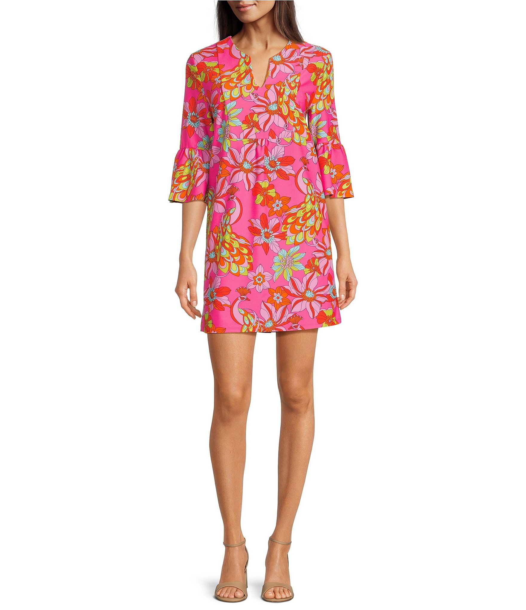 Jude Connally Kerry Twilight Peacock Spring Pink Print Split V-Neck 3/4 ...