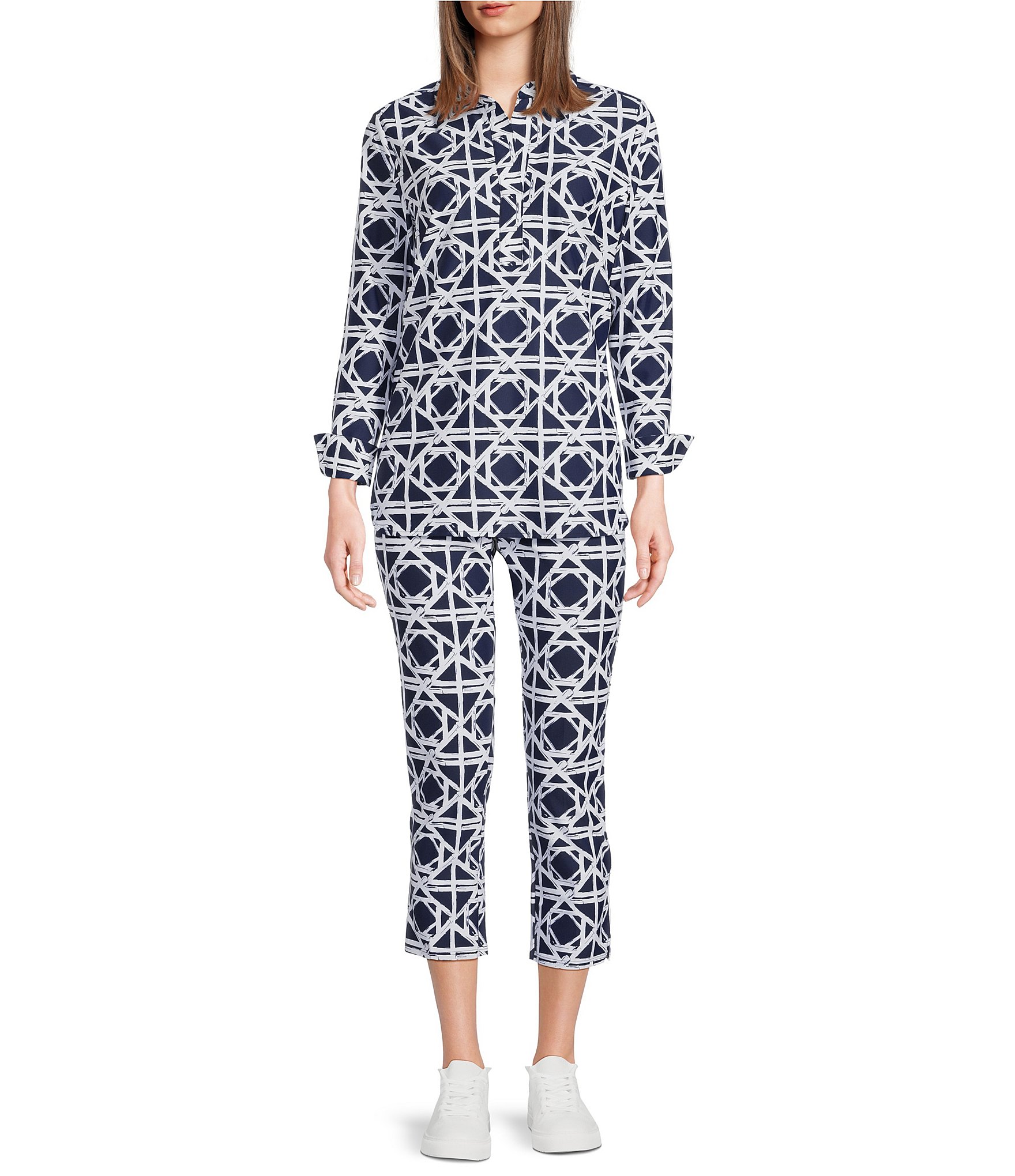 Jude Connally Lucia Bamboo Rattan Print Jude Cloth Stretch Knit Wrinkle Free Pull-On Coordinating Cropped Straight Leg Pants