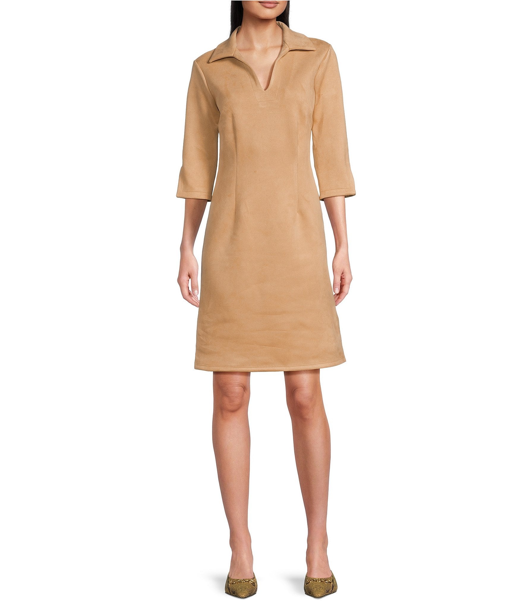 Jude Connally Michelle Faux Suede Split V-Neck Point Collar 3/4 Sleeve Shift Dress