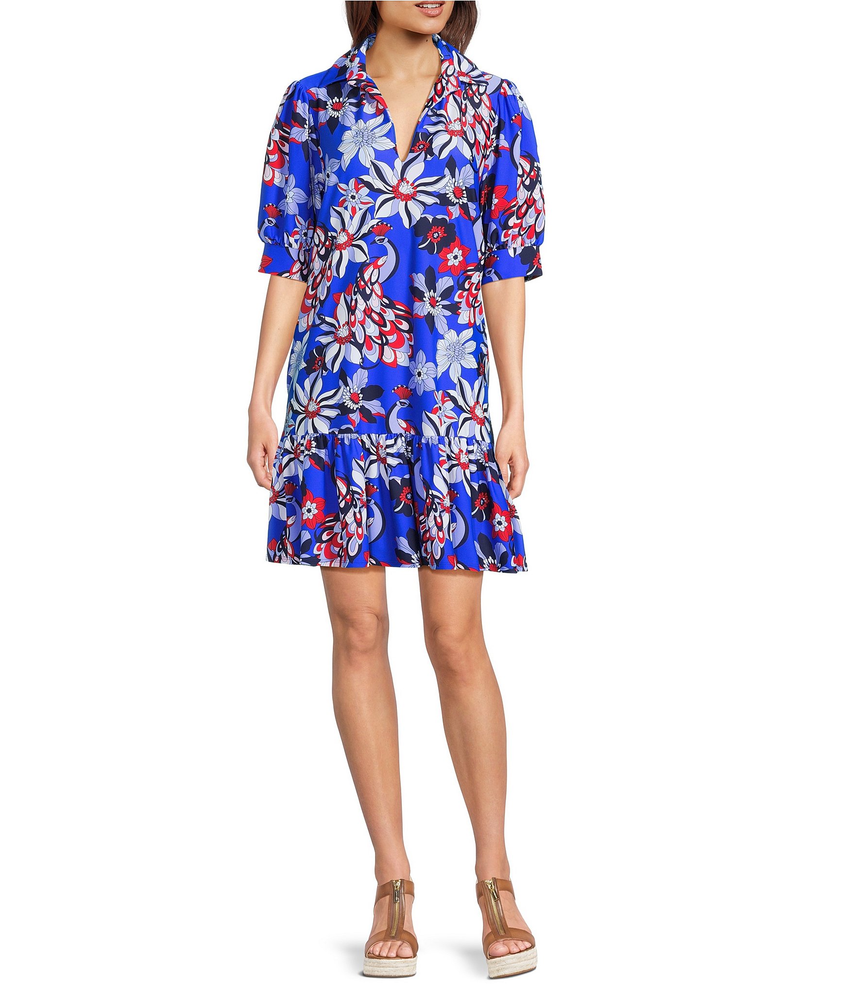 Jude Connally Pagoda Twirling Peacock Print Knit Point Collar V-Neck Short Puff Sleeve Drop Waist Flounce Hem Dress