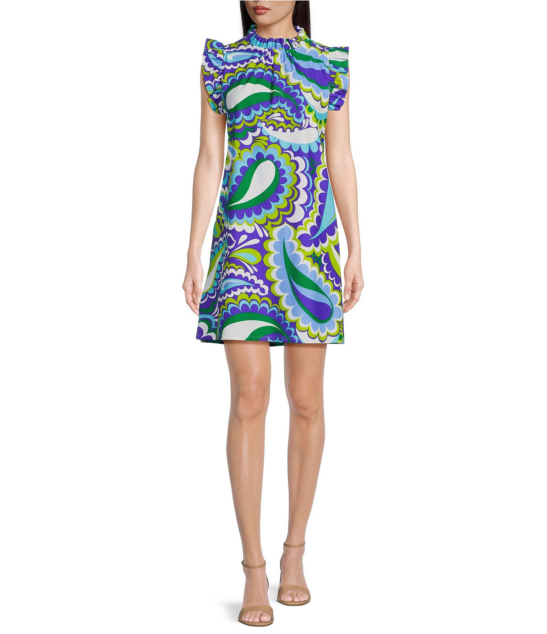 Jude Connally Shari Stretch Knit Mod Paisley Iris Print Ruffle Trim ...