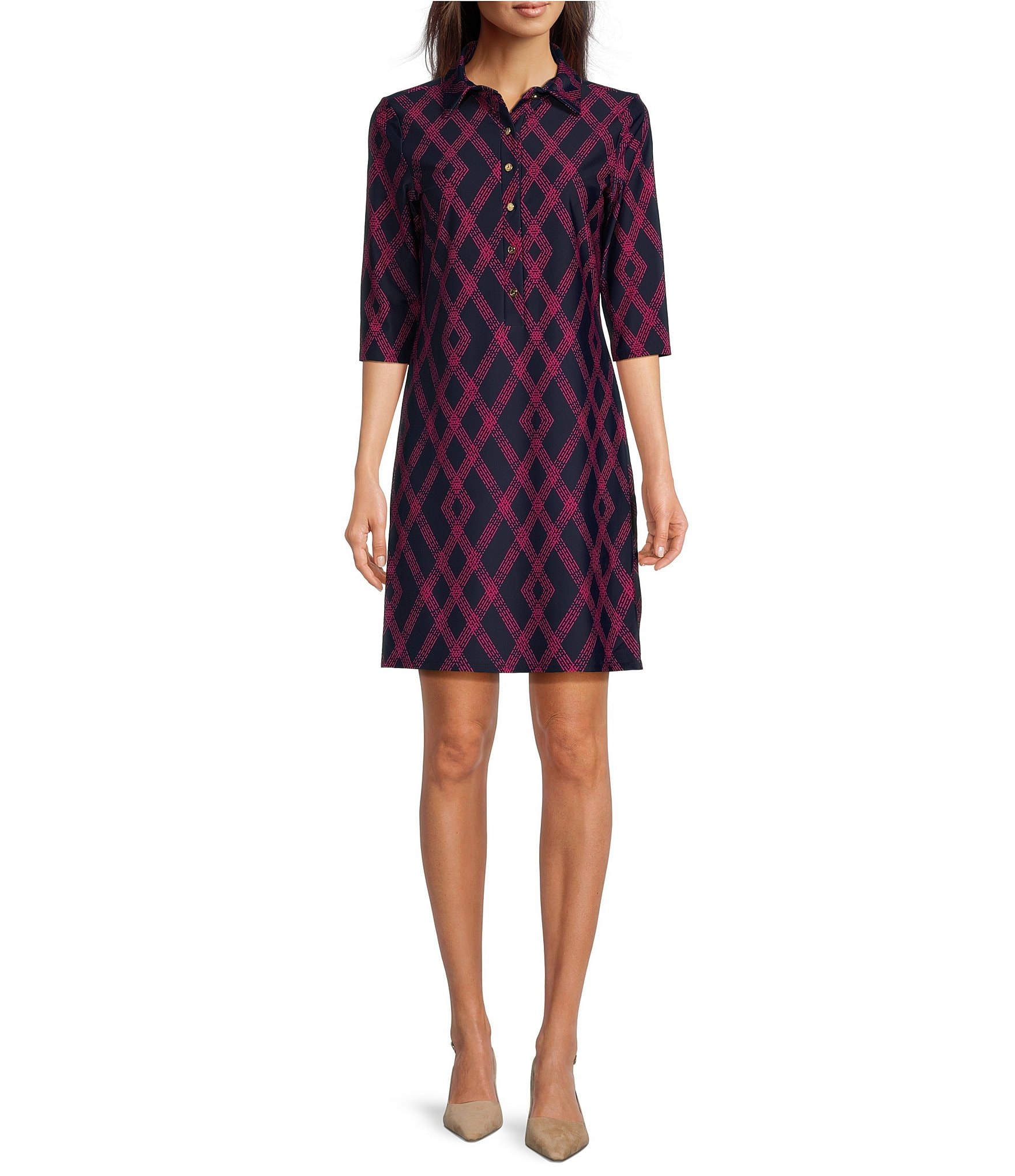 Jude Connally Susanna Diamond Lattice Navy Print Point Collar 3/4 Sleeve Polished Classic Shirt Dress