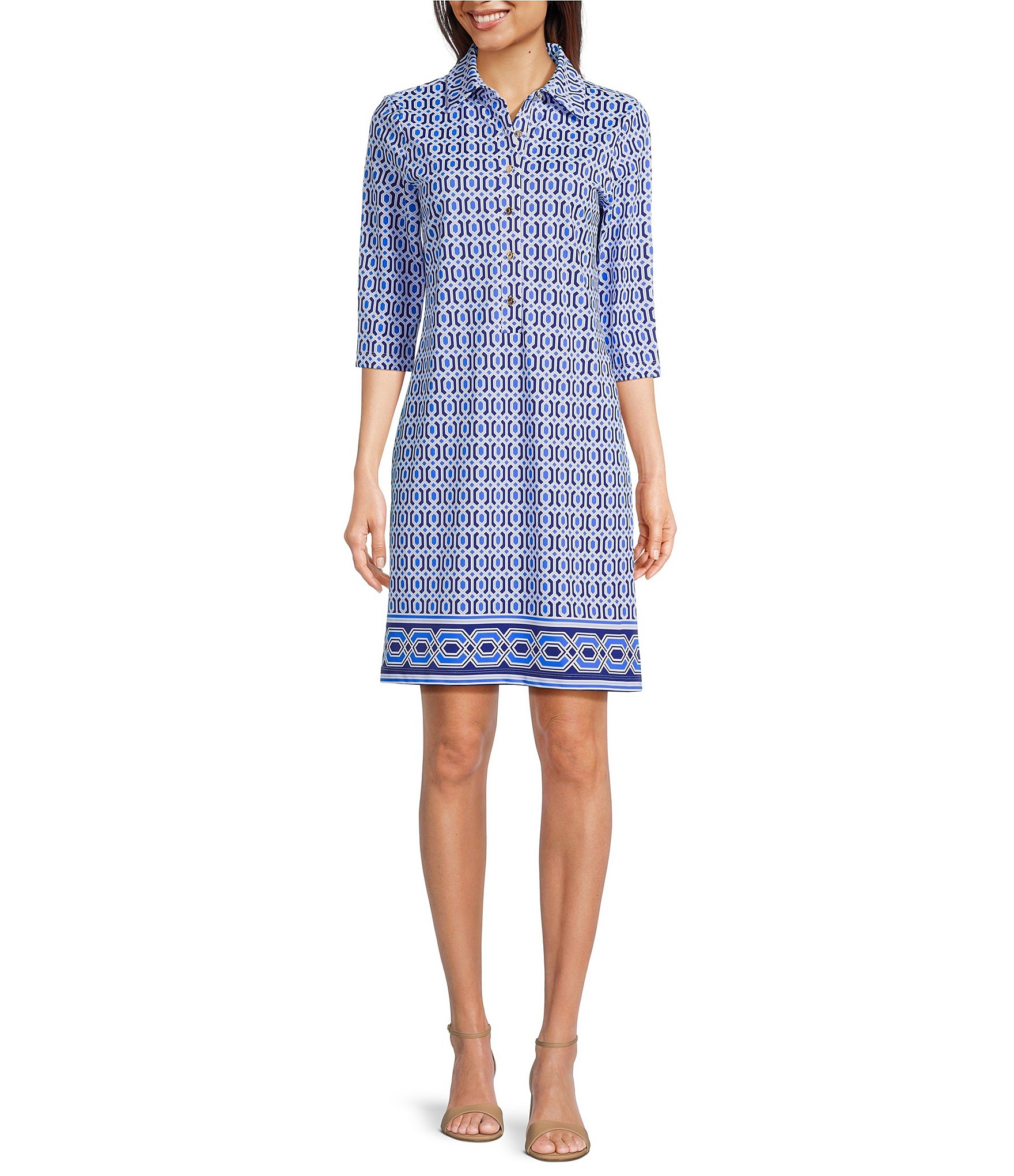 Jude Connally Susanna Terrace Geo Border Print Point Collar 3/4 Sleeve Polished Classic Shirt Dress