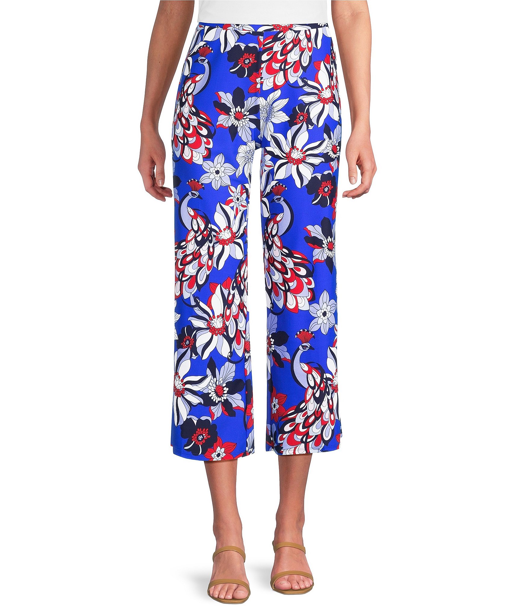 Jude Connally Trixie Twirling Peacock Print Stretch Knit Wide Leg Cropped Coordinating Pull-On Pants