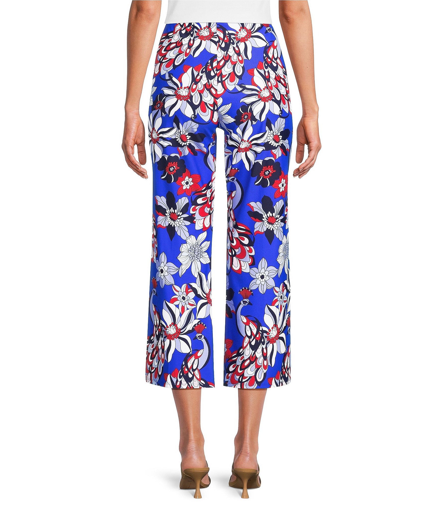 Jude Connally Trixie Twirling Peacock Print Stretch Knit Wide Leg Cropped Coordinating Pull-On Pants