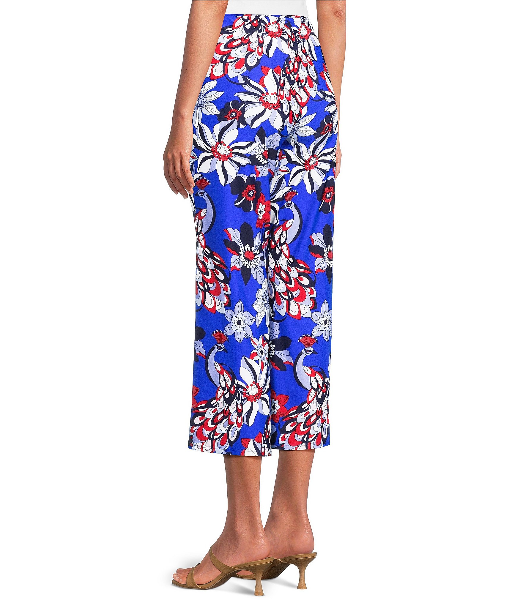 Jude Connally Trixie Twirling Peacock Print Stretch Knit Wide Leg Cropped Coordinating Pull-On Pants