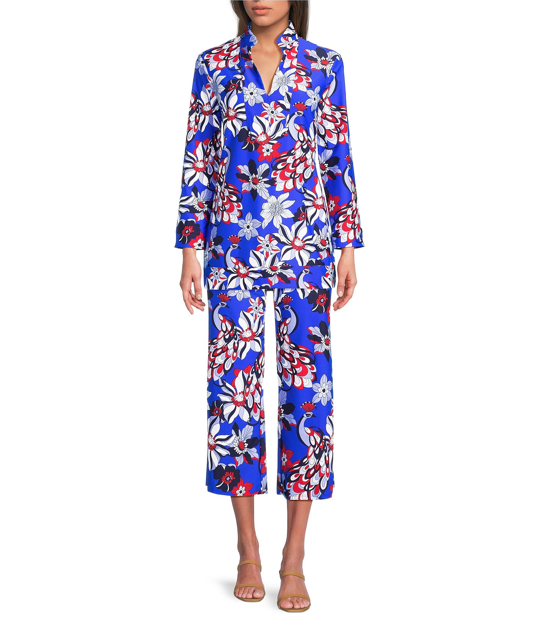 Jude Connally Trixie Twirling Peacock Print Stretch Knit Wide Leg Cropped Coordinating Pull-On Pants