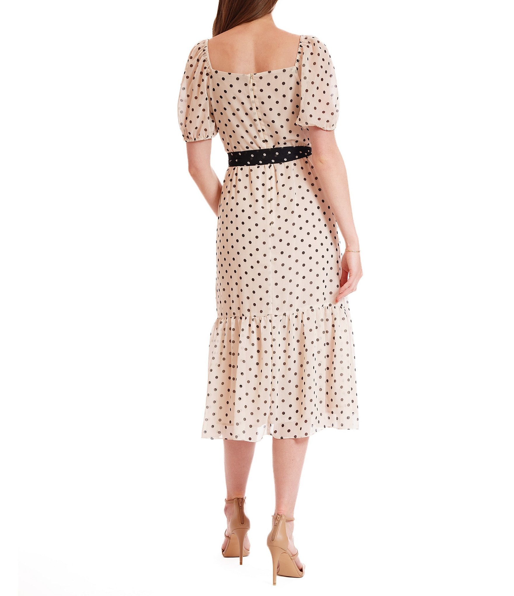Julia Jordan Chiffon Dotted Print V-Neck Short Puff Sleeve A-Line Midi Dress