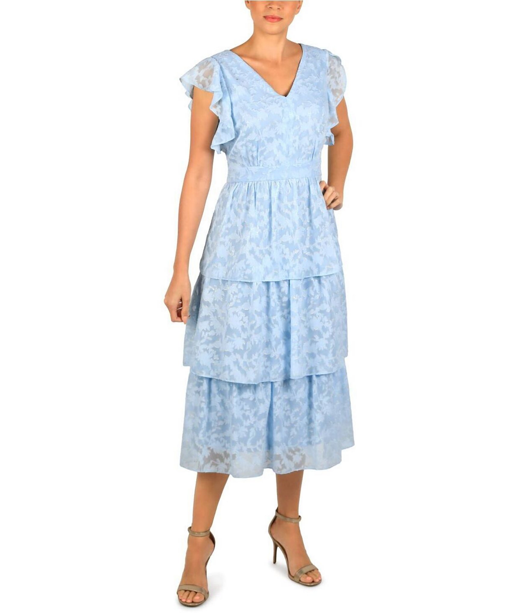 Julia Jordan Clip Foil Chiffon V-Neck Flutter Sleeve Tiered Midi Dress ...
