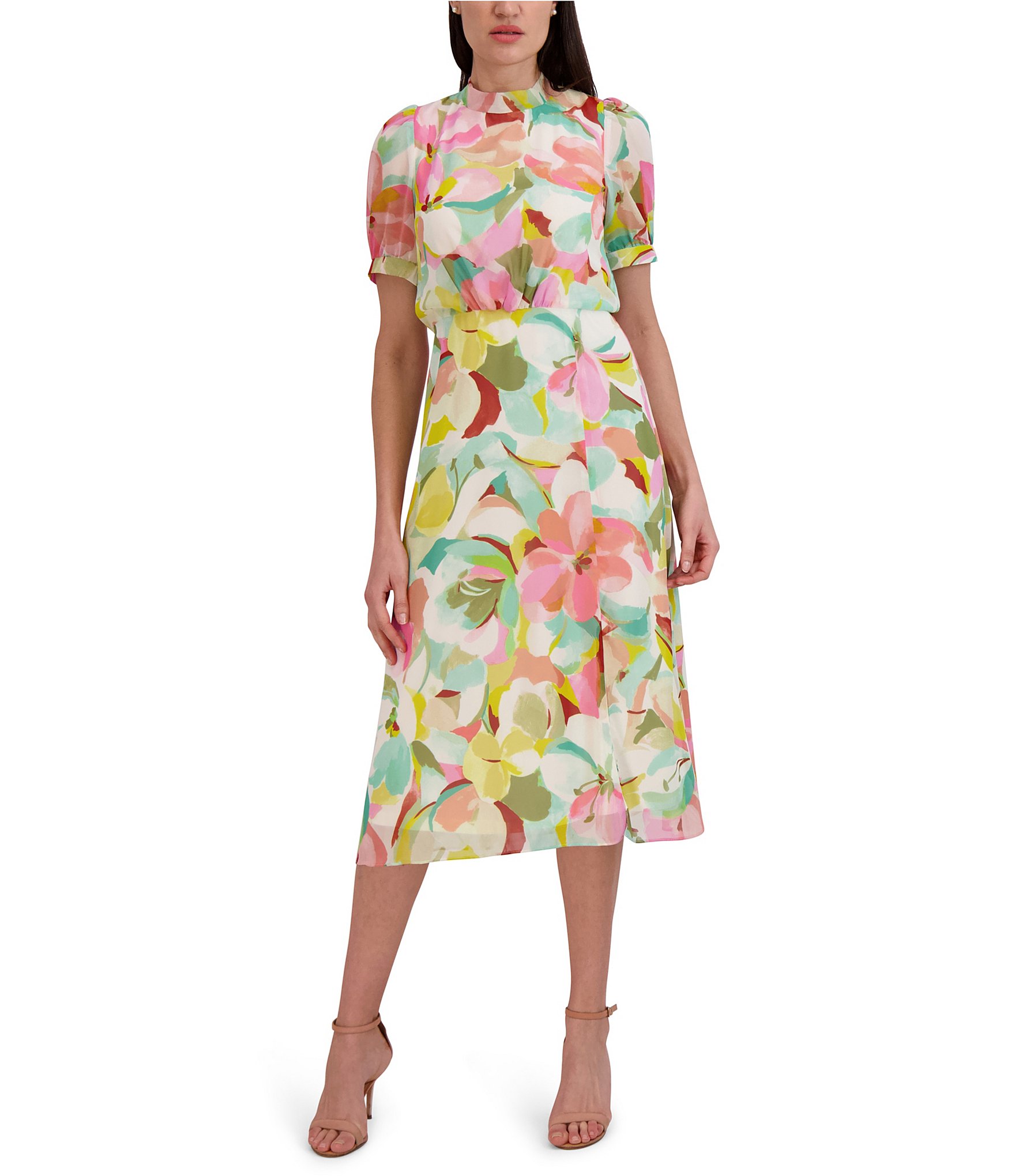Julia Jordan Floral Print Chiffon Mock Neck Short Sleeve Midi Dress ...