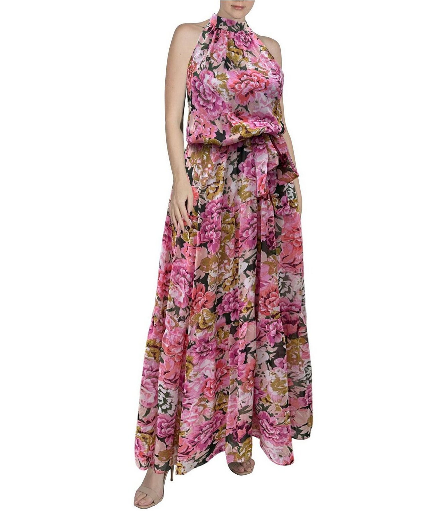 Julia Jordan Floral Print Halter Mock Neck Sleeveless Tie Waist Tiered ...