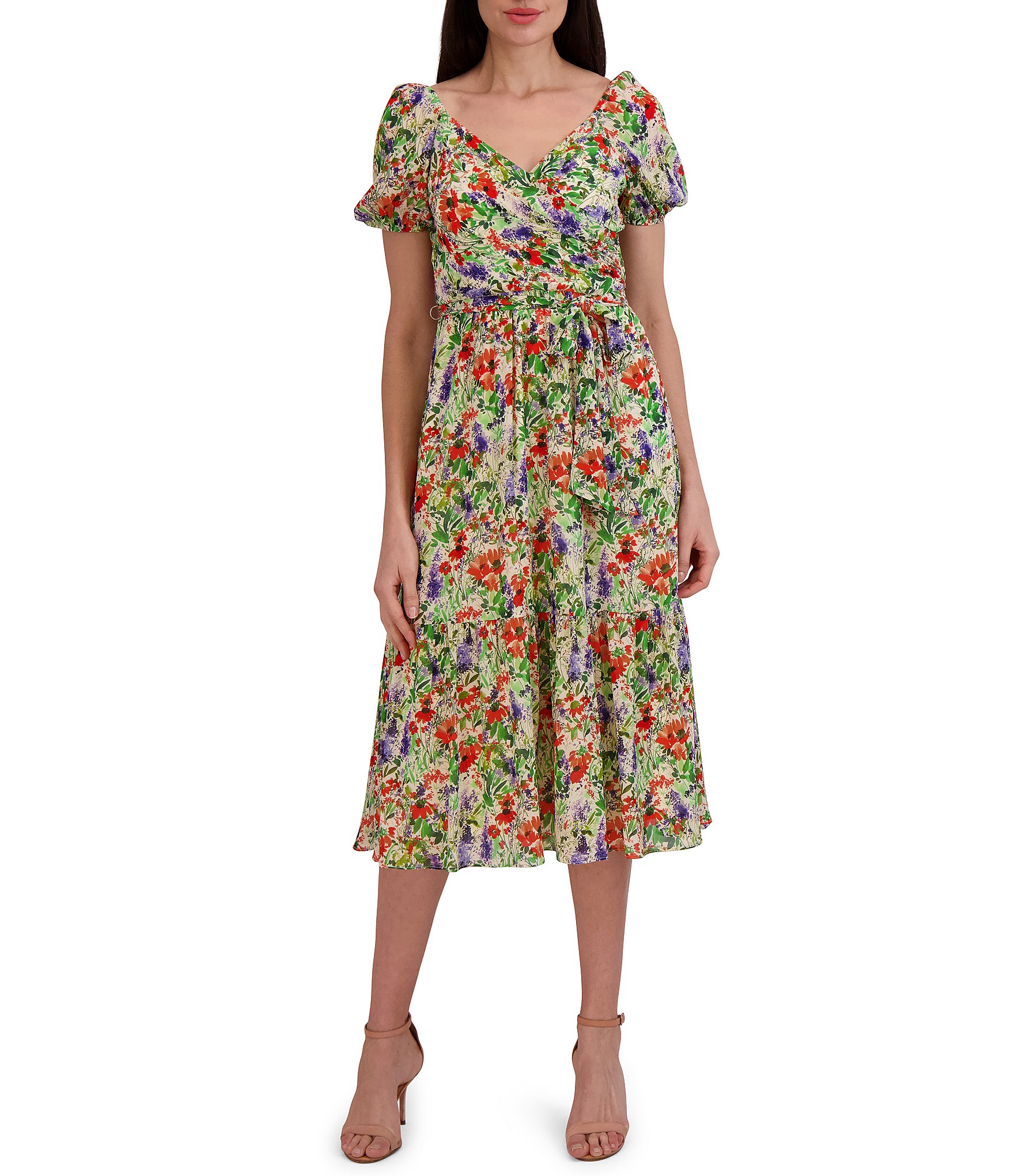 Julia Jordan Floral Print V-Neck Short Sleeve Blouson Dress | Dillard's