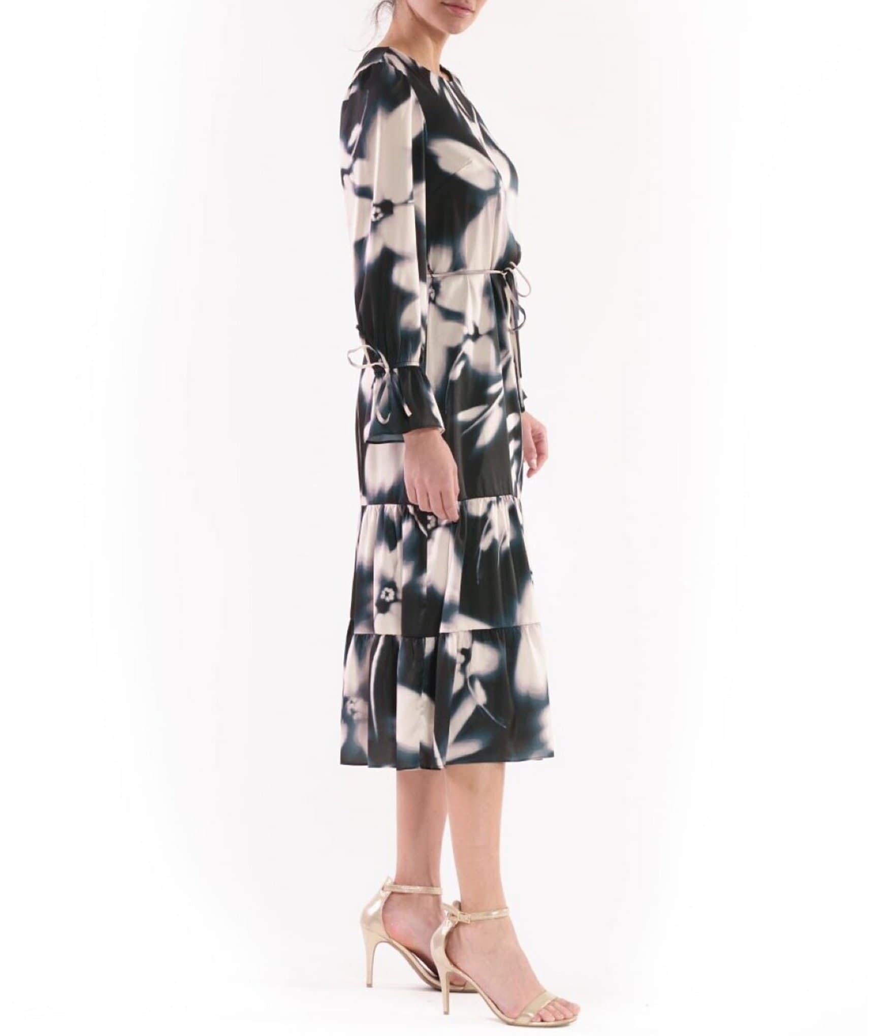 Julia Jordan Floral Satin Scoop Neck Long Sleeve Tie Cuff Tiered Midi Dress