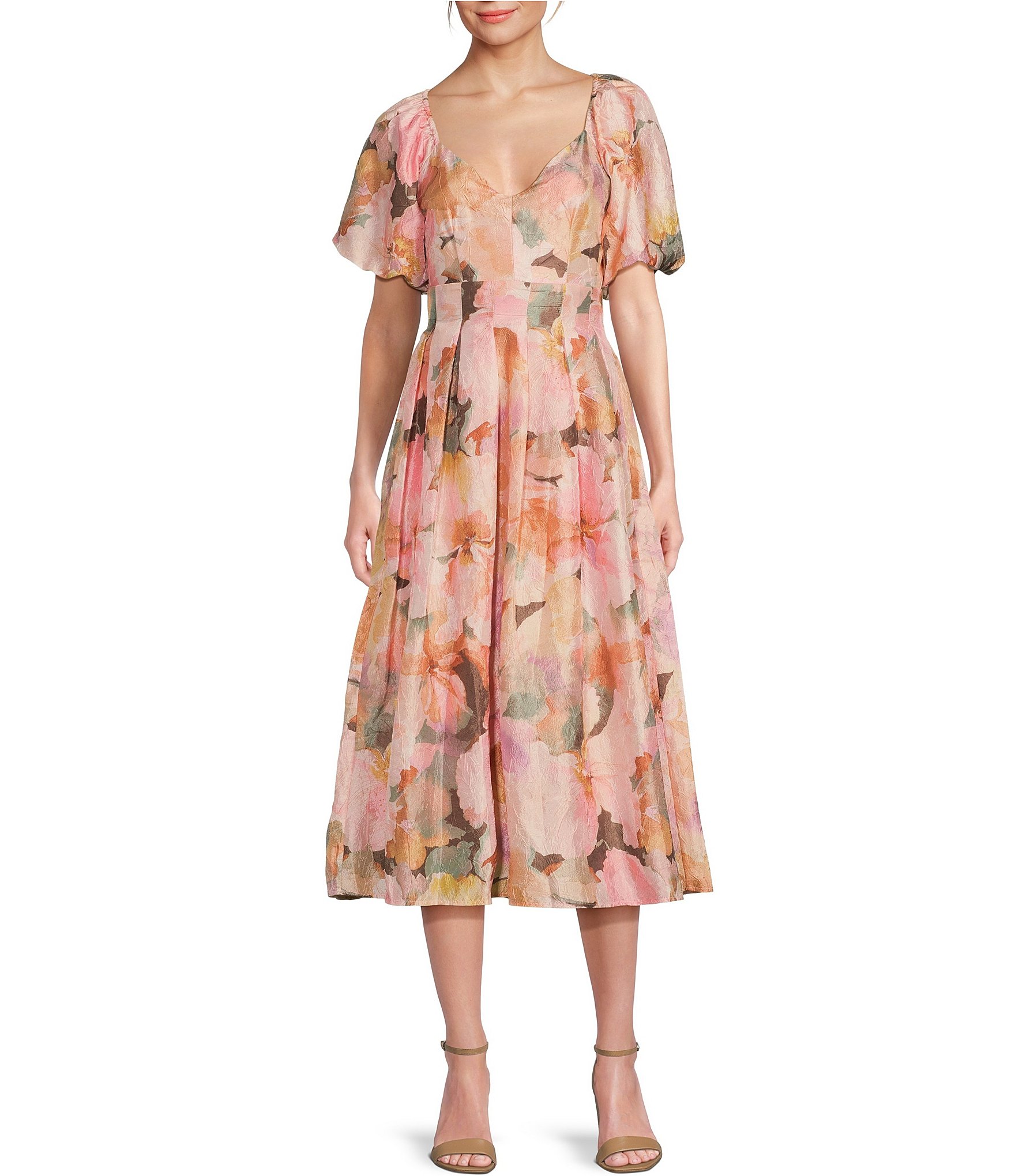 Julia Jordan Floral Sweetheart Neck Short Puff Sleeve Midi Dress ...