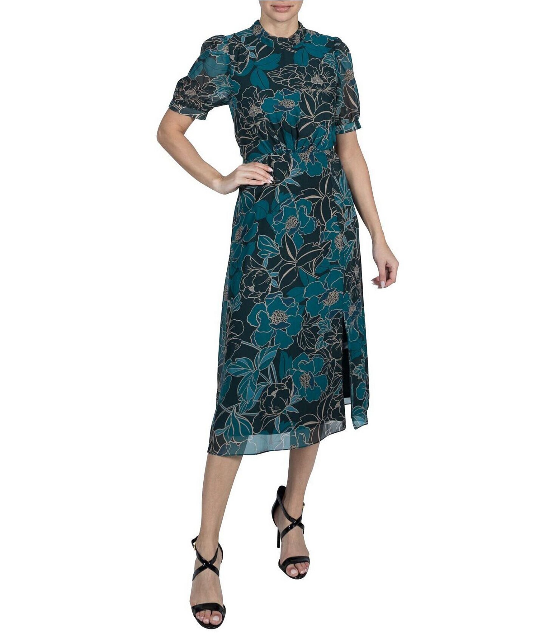 Julia Jordan Collar Neck Puff Sleeve Floral Print Midi Dress | Dillard's