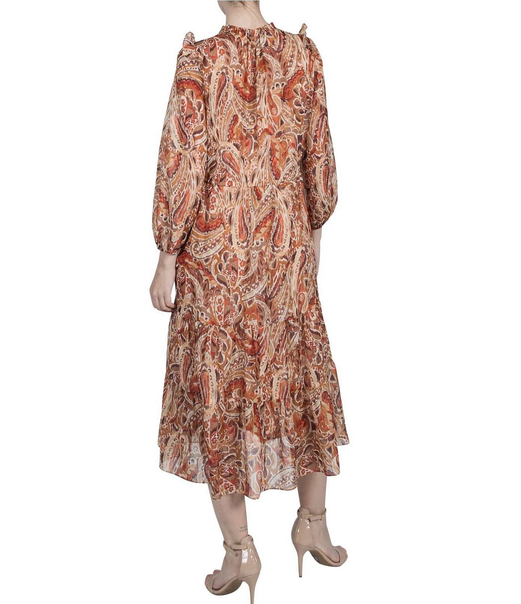 Julia Jordan Printed Chiffon Mock Neck Long Puff Shoulder Sleeve Midi Dress