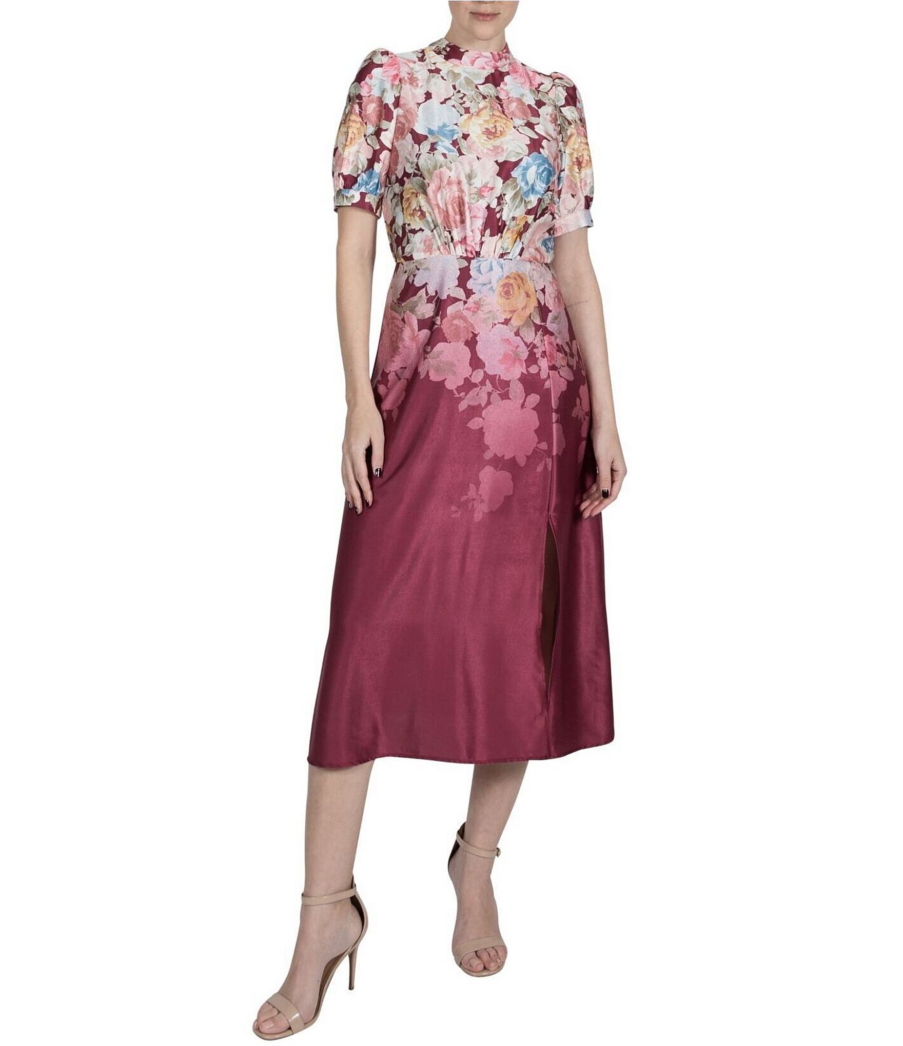 Julia Jordan Satin Floral Mock Neck Short Puff Sleeve Midi Dress ...