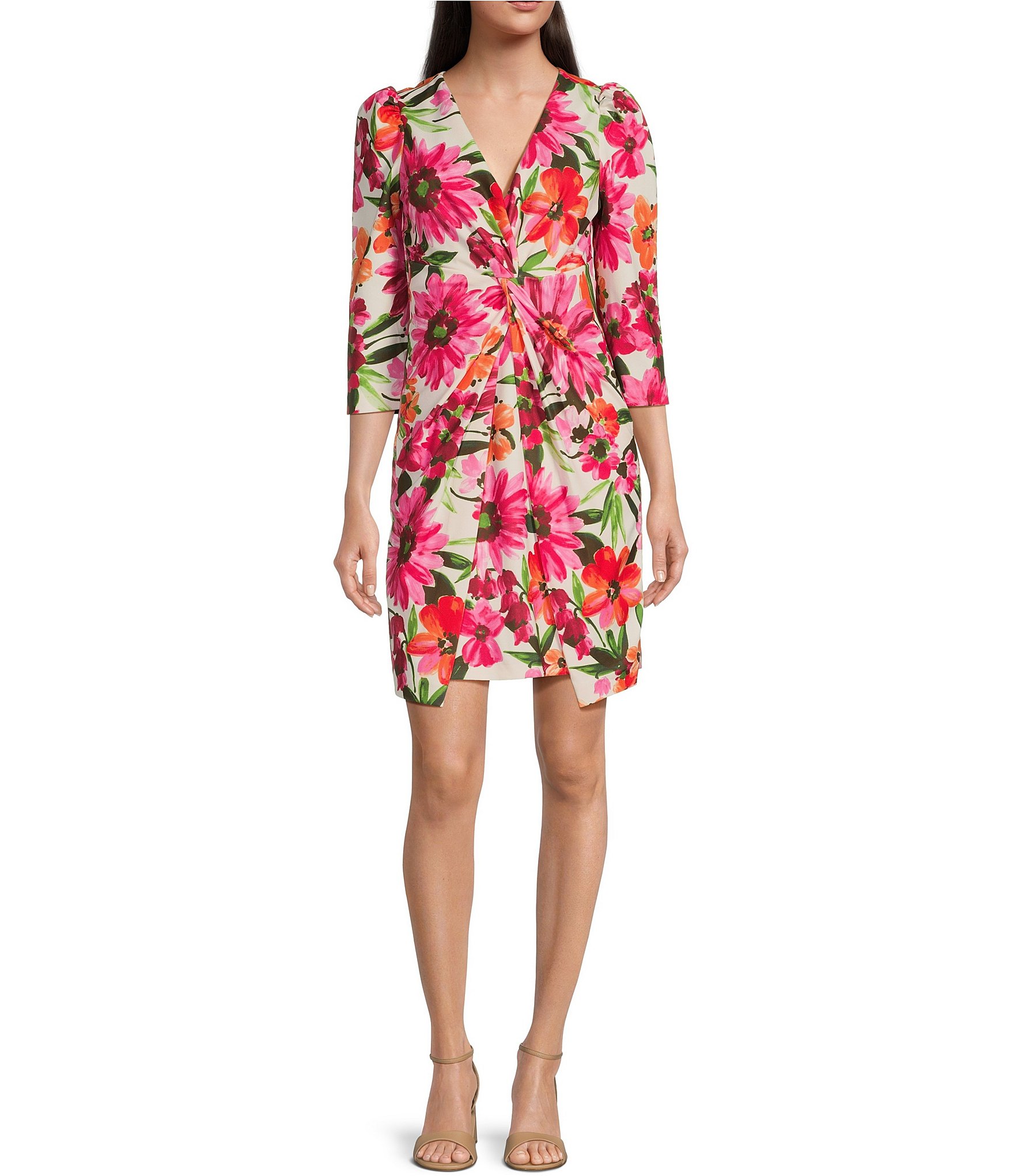 Julia Jordan Stretch Crepe Floral V-Neck 3/4 Sleeve Twist Front Dress ...