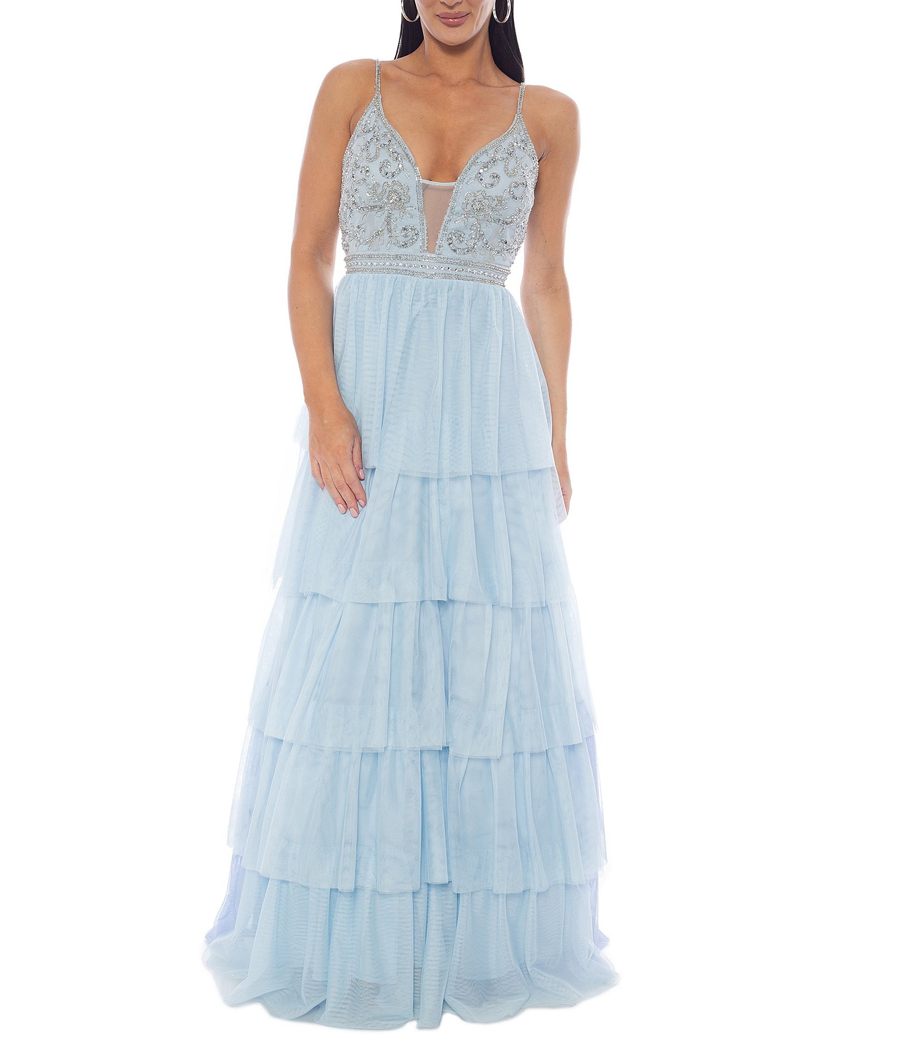 Jump Beaded Deep V-Neck Ruffle Tiered Ball Gown