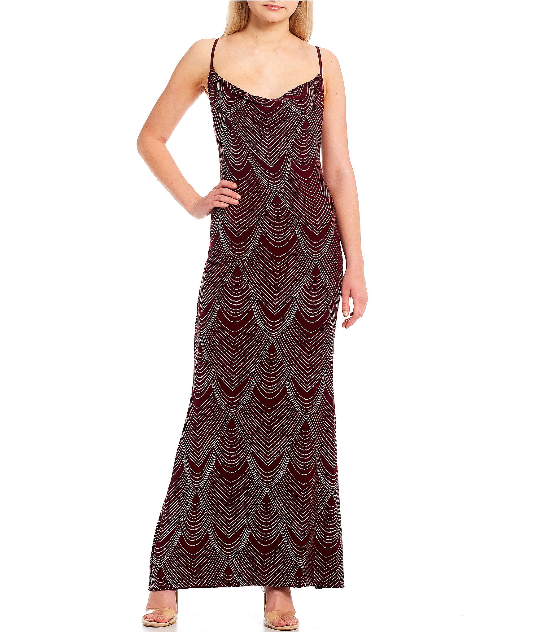 Jump Drape Neck Glitter Slinky Long Gown | Dillard's