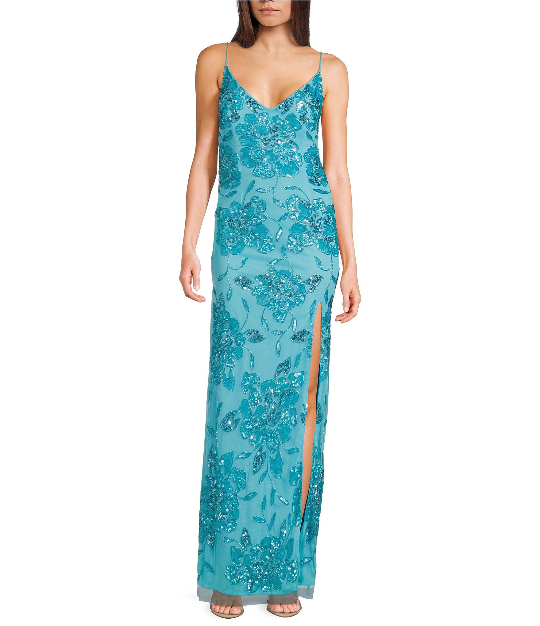 Jump Floral Beaded V-Neck Spaghetti Strap Side Slit Gown