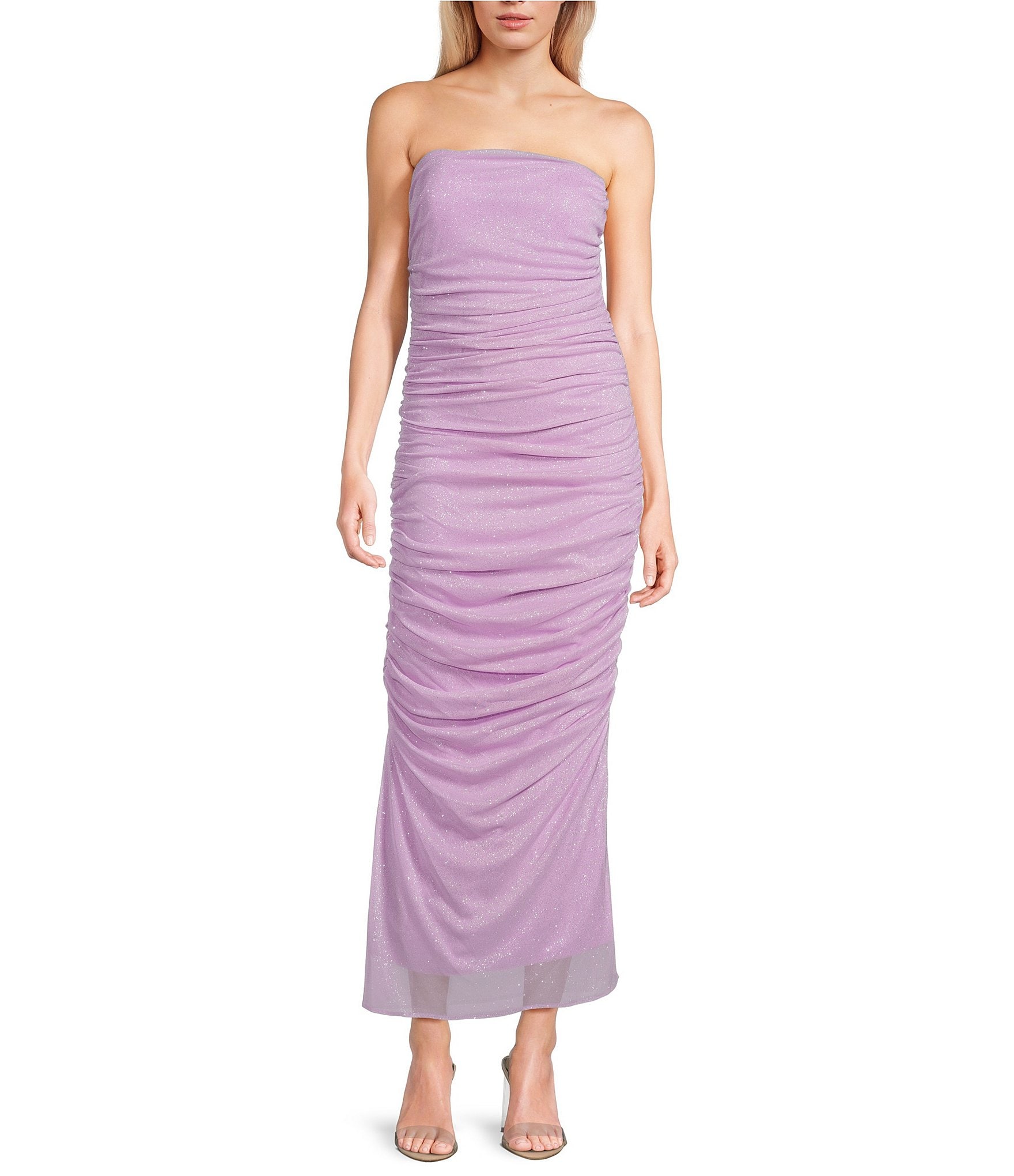 Jump Glitter Strapless Ruched Midi Dress