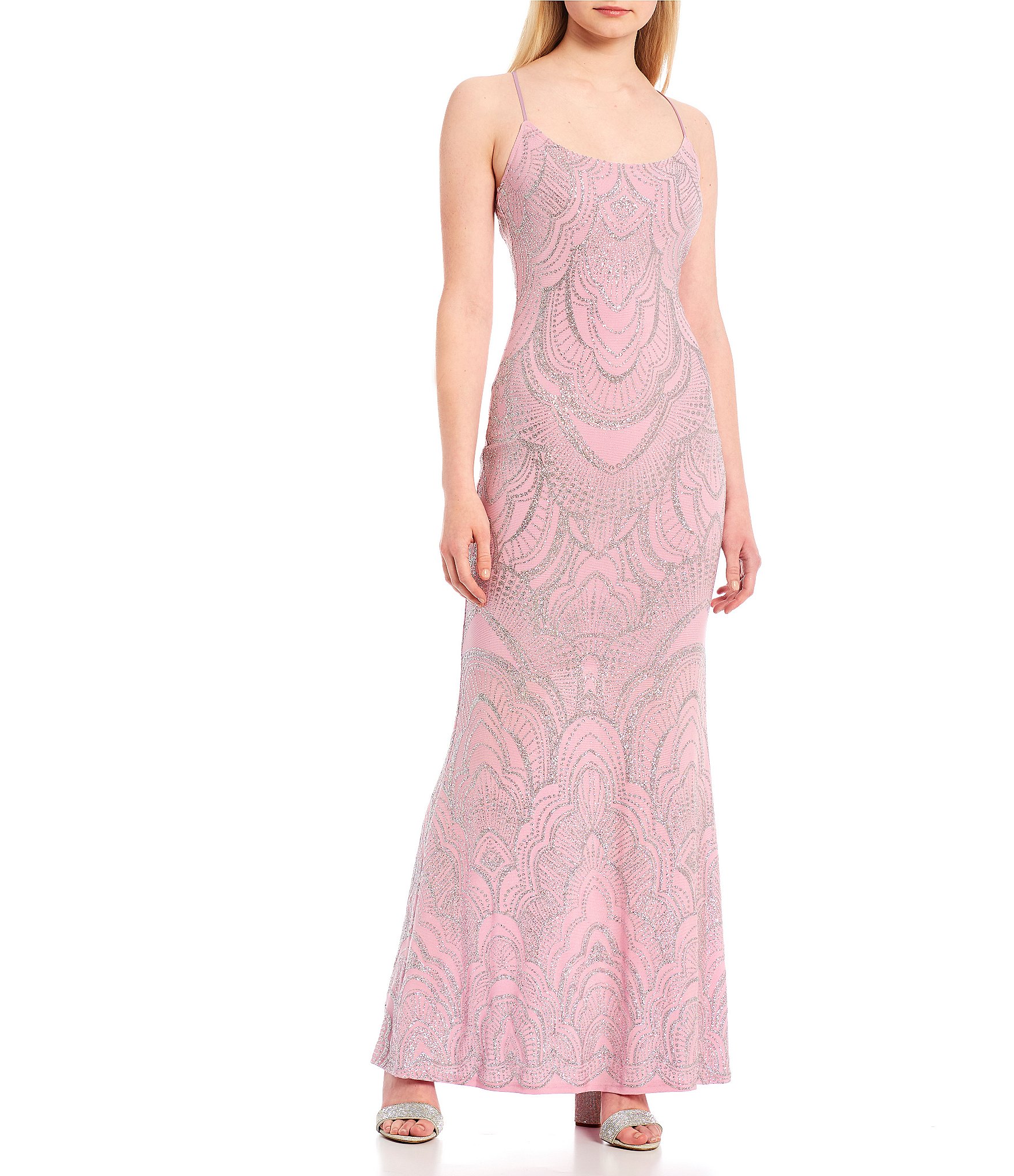 Jump Scoop Neck Lace-Up Back Printed Glitter Long Dress | Dillard's