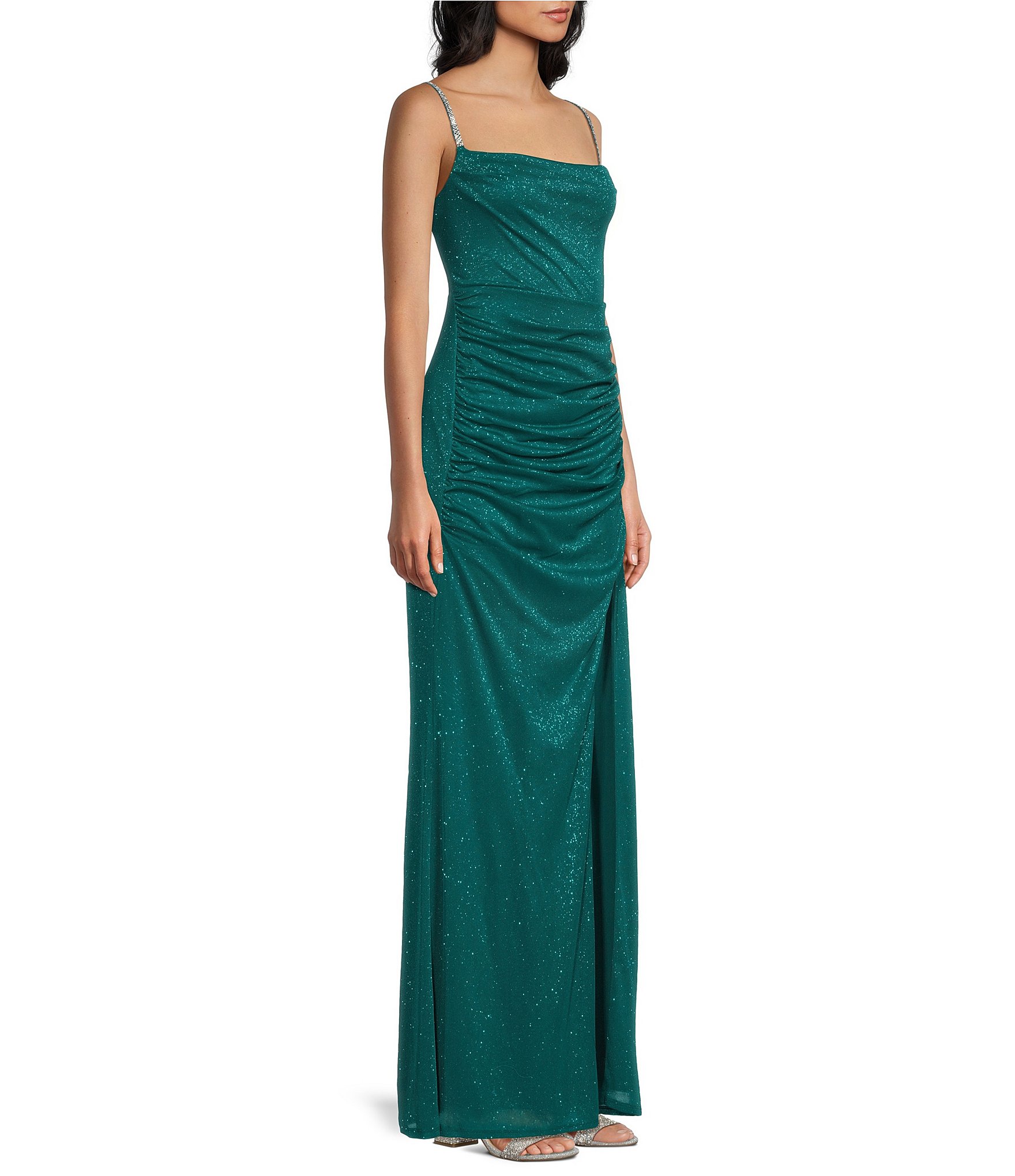 Jump Sleeveless Glitter Spaghetti Rhinestone Strap Drape Bodice Gown