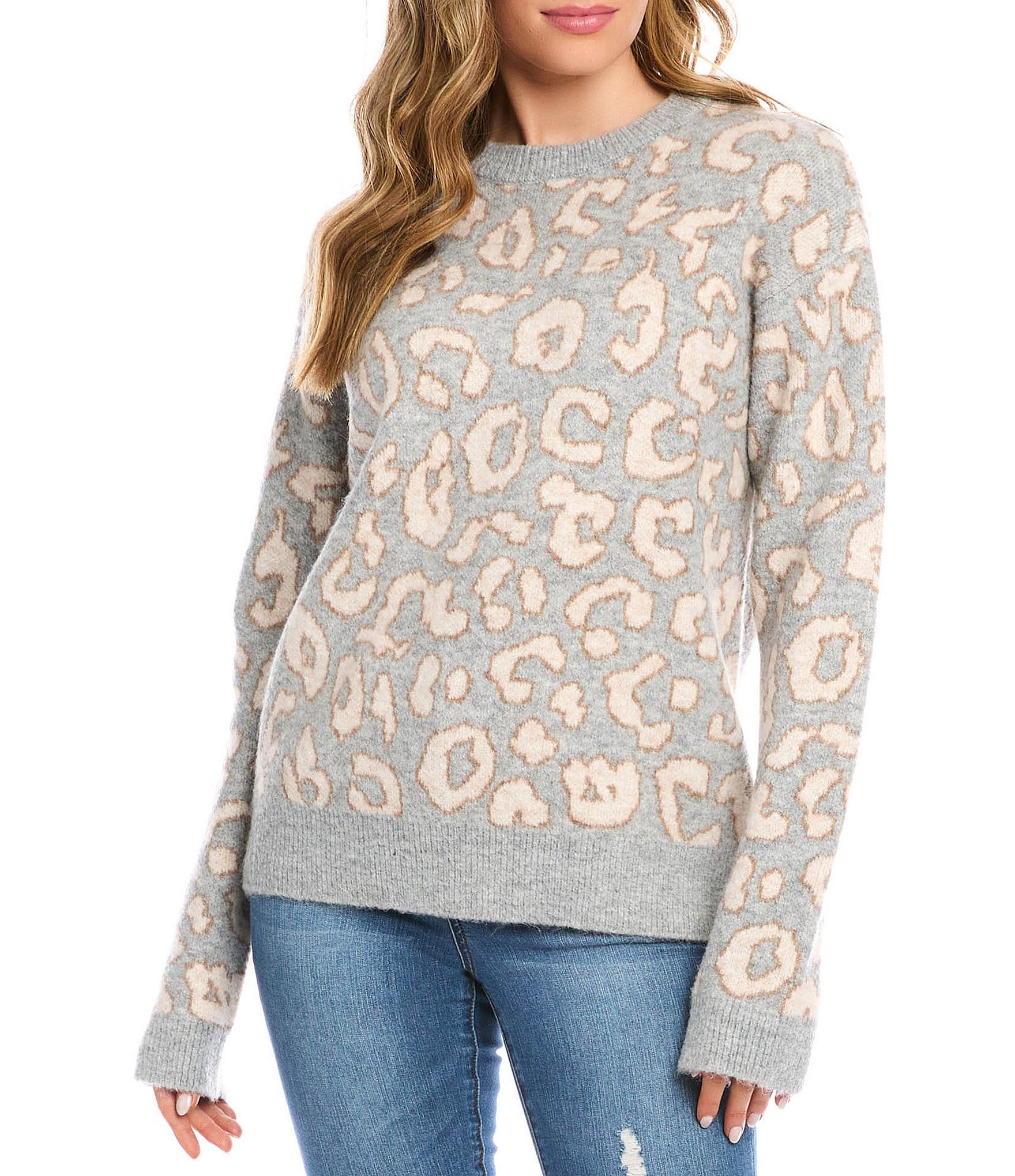 Karen Kane Animal Print Jacquard Crew Neck Long Sleeve Wide Waistband Hem  Sweater | Dillard's