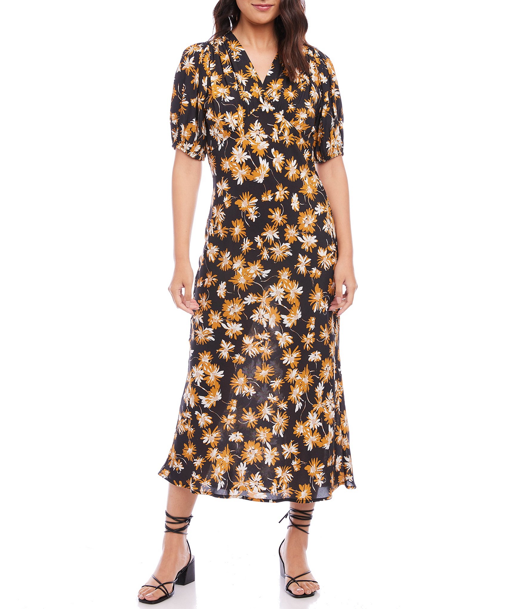 Karen Kane Bias Floral Print V-Neck Short Puffed Sleeve Midi Dress ...