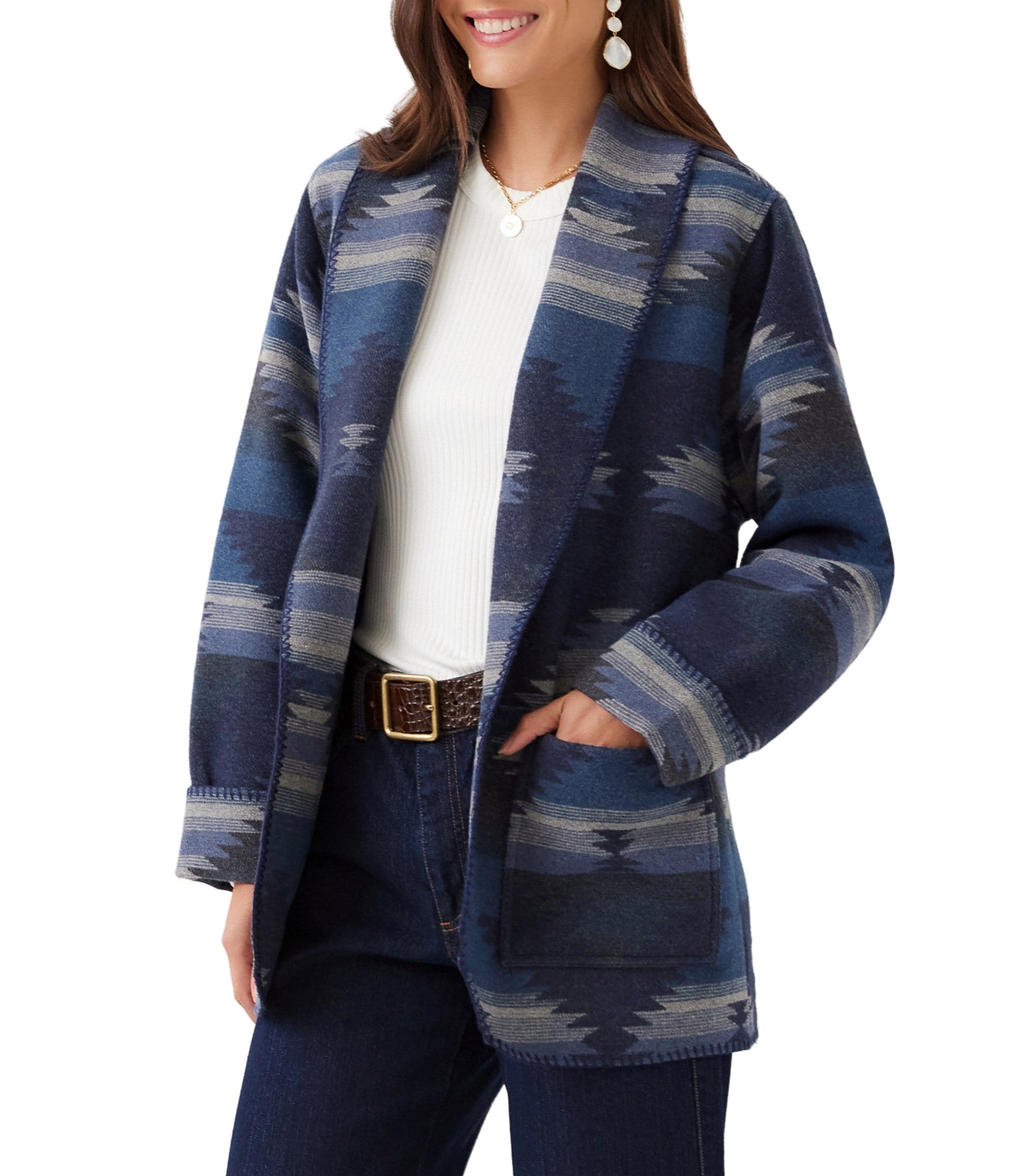 Karen Kane Blanket Geometric Long Sleeve Open Front Ranch Jacket