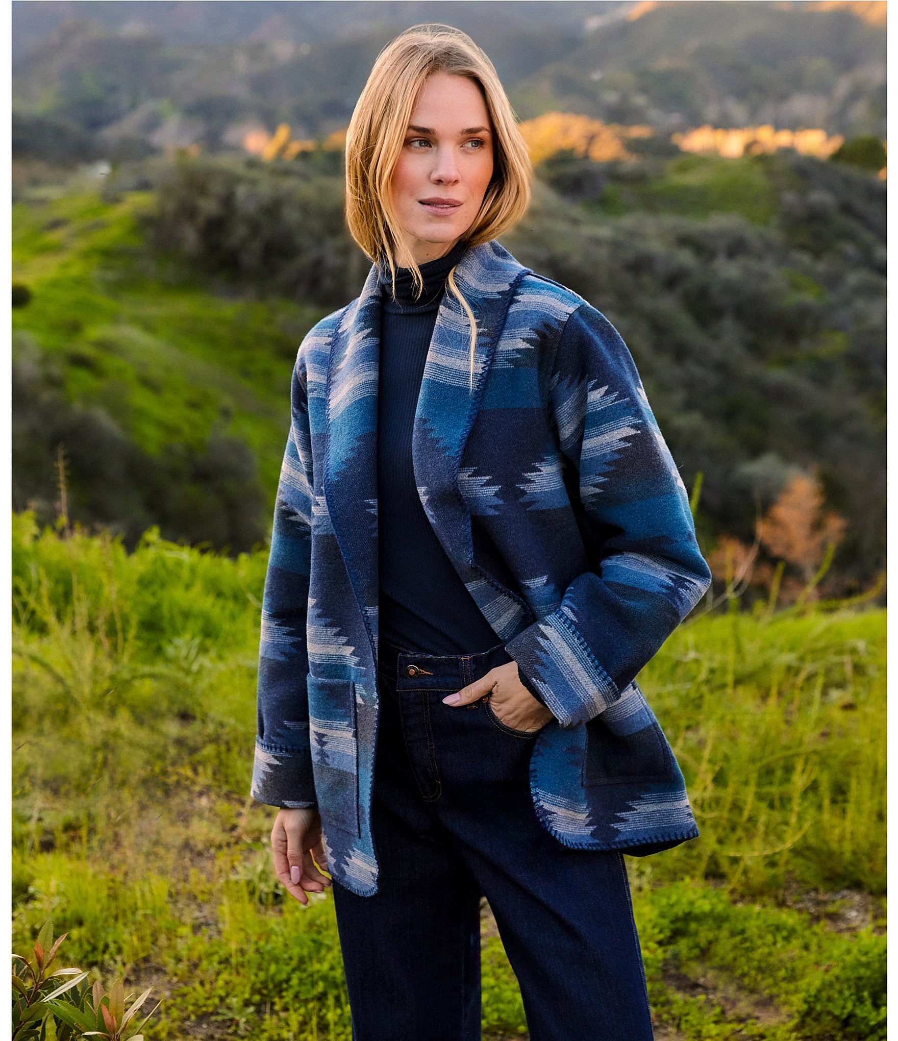Karen Kane Blanket Geometric Long Sleeve Open Front Ranch Jacket