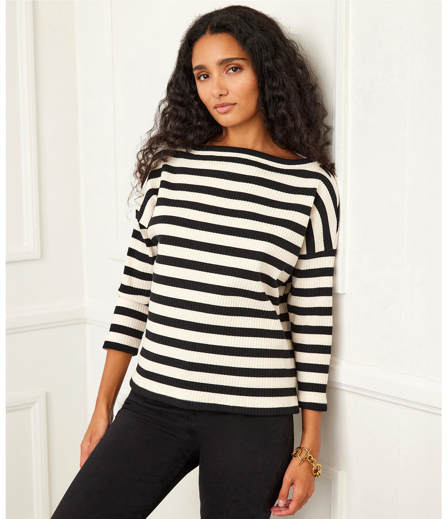 Karen Kane Boat Neck Drop Shoulder 3/4 Sleeve Knit Stripe Top