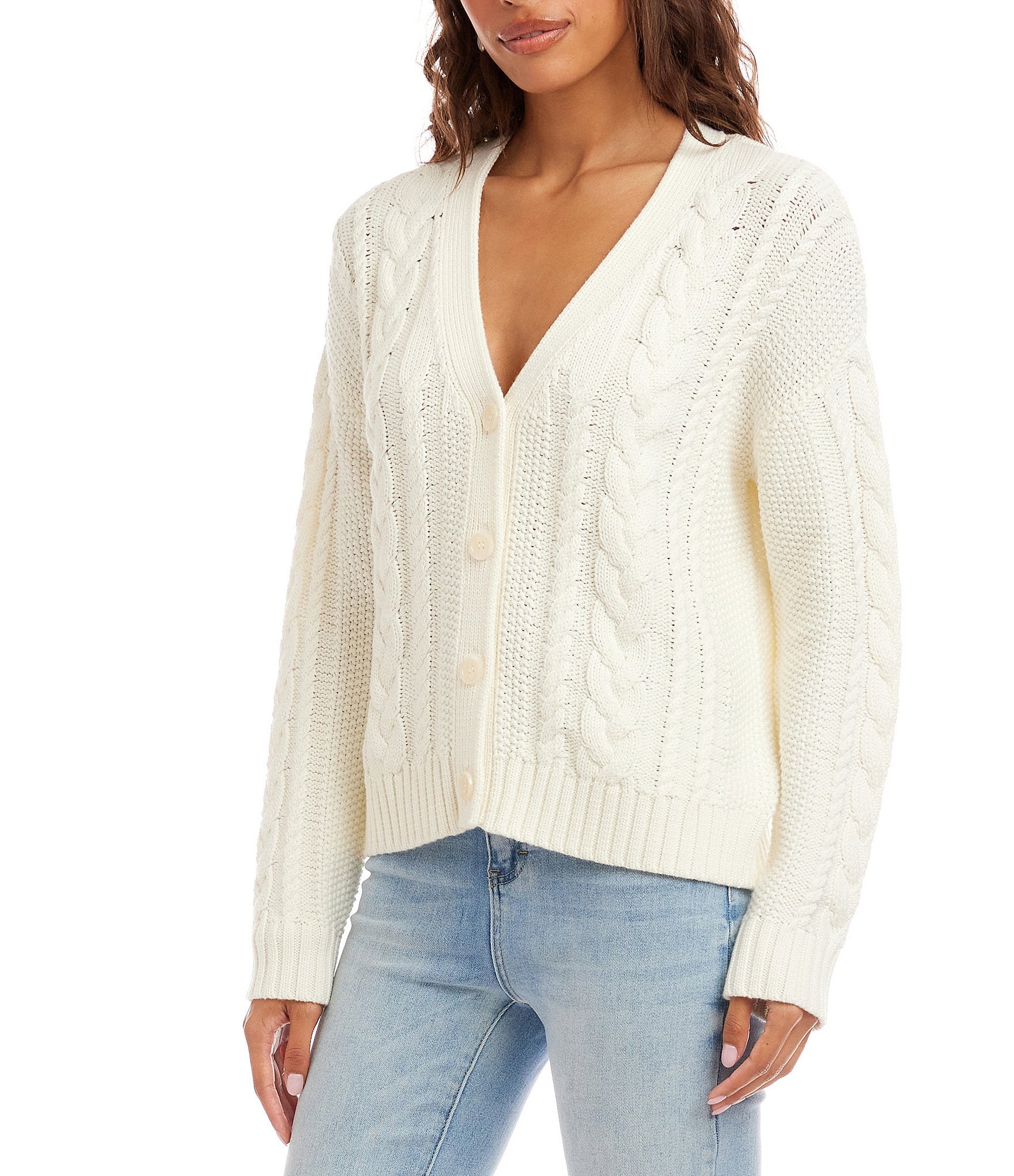 Karen Kane Cable Knit V-Neck Long Sleeve Button Front Cardigan