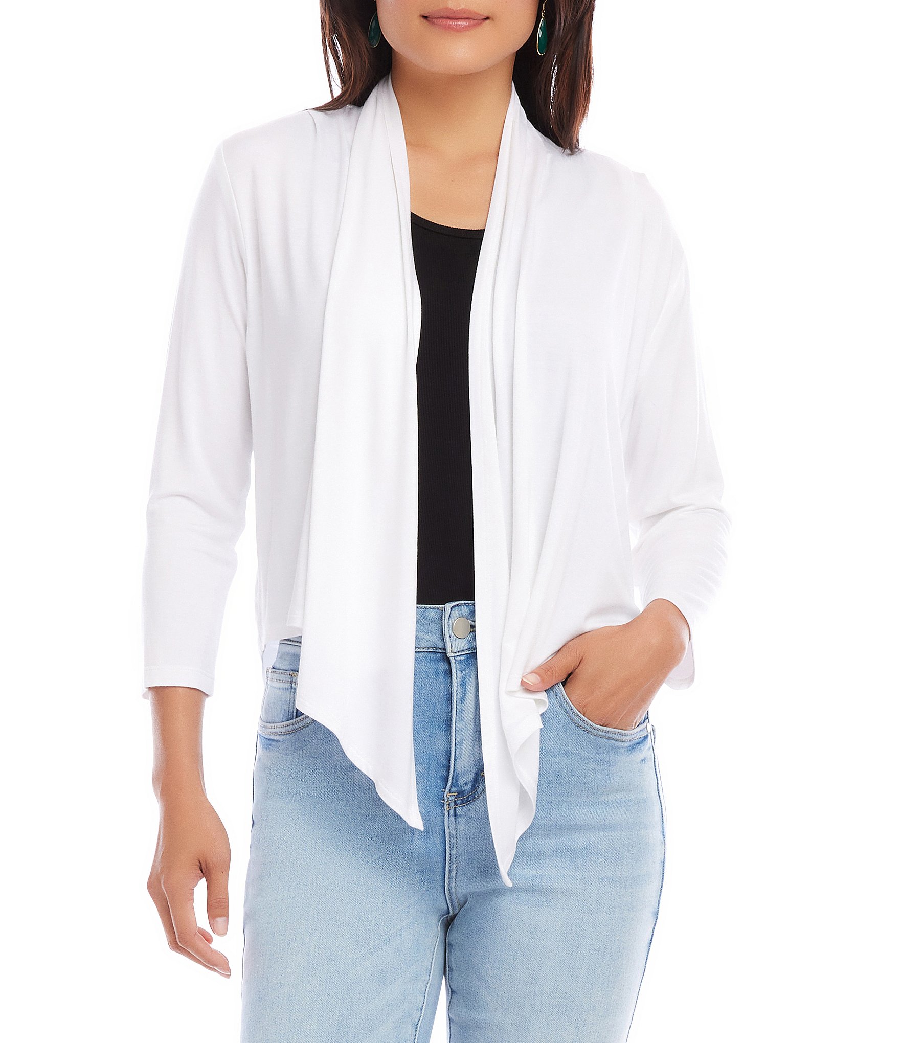 Karen Kane Calli Shawl Collar Bracelet Length Sleeve Asymmetrical Hem Drape Open-Front Cardigan