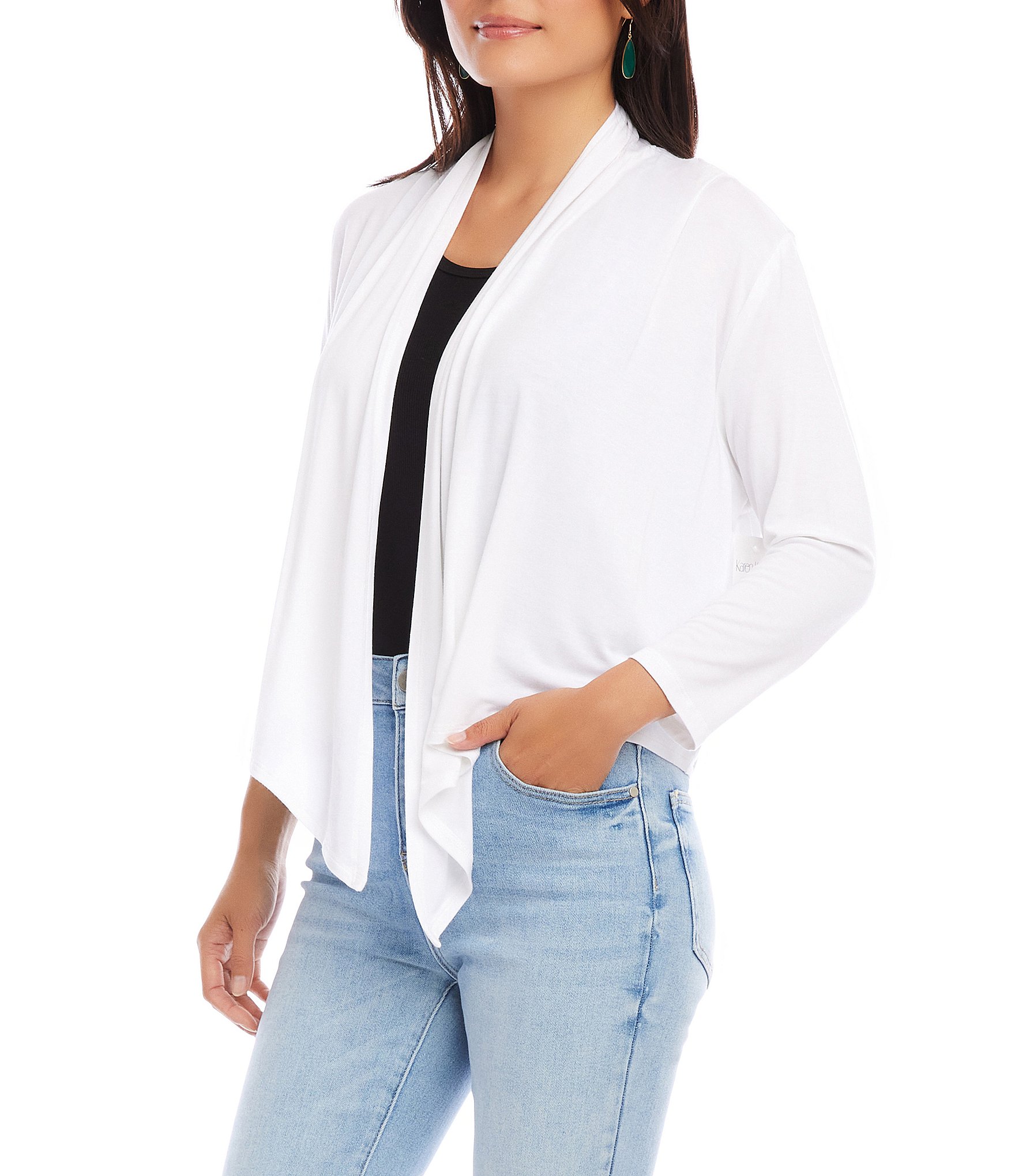 Karen Kane Calli Shawl Collar Bracelet Length Sleeve Asymmetrical Hem Drape Open-Front Cardigan