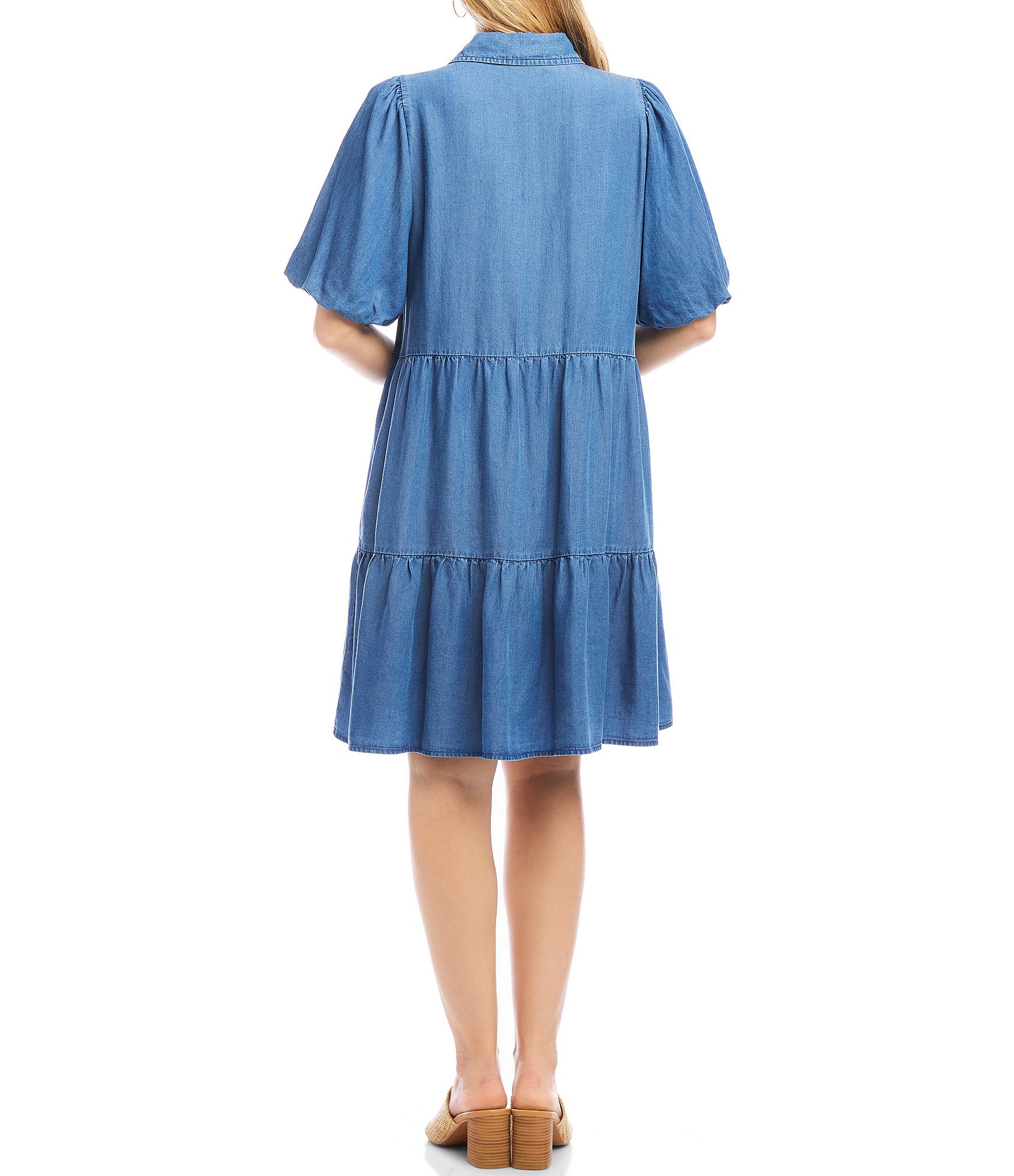 Karen Kane Chambray Point Collar Puff Sleeve Tiered Dress
